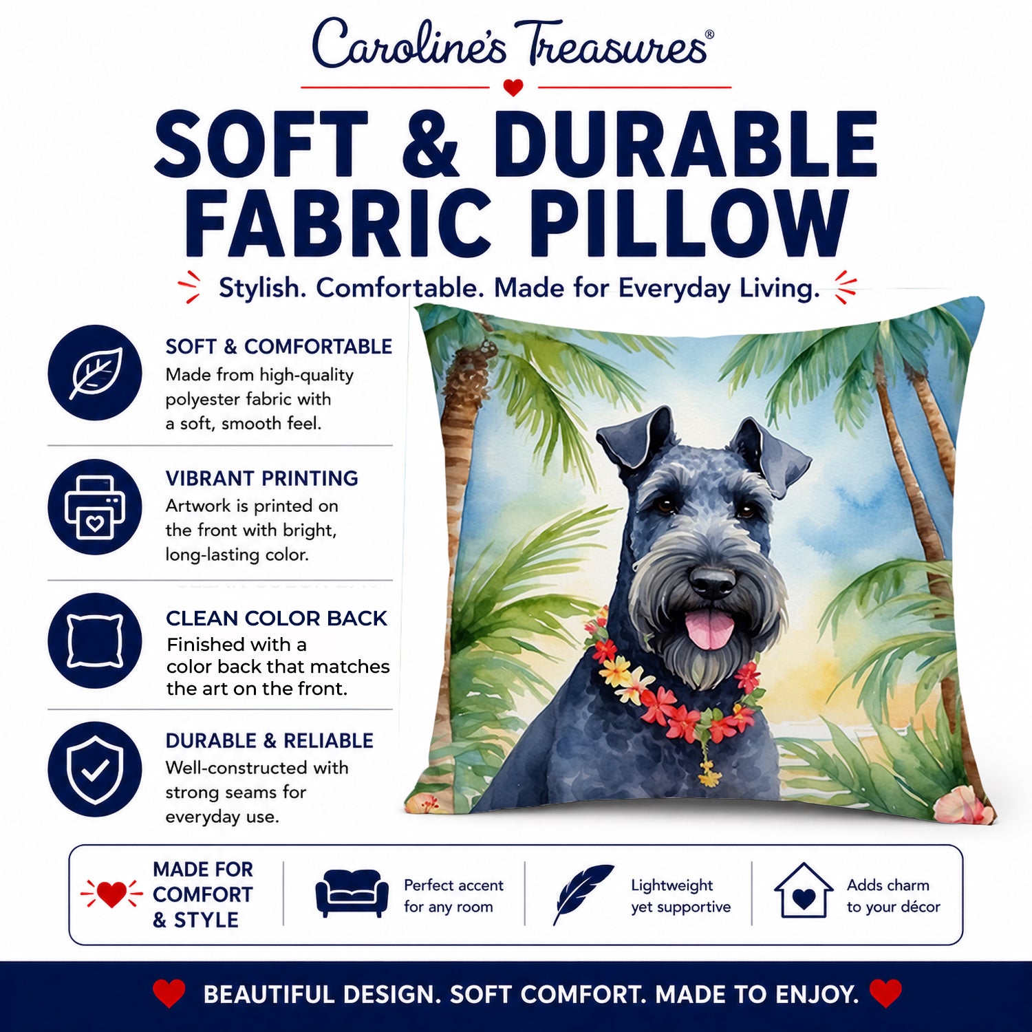 Kerry Blue Terrier Luau Decorative Throw Pillow 14x14 Indoor Outdoor Accent Cushion, Fabric Cover with Insert for Sofa, Bed, Porch & Living Room