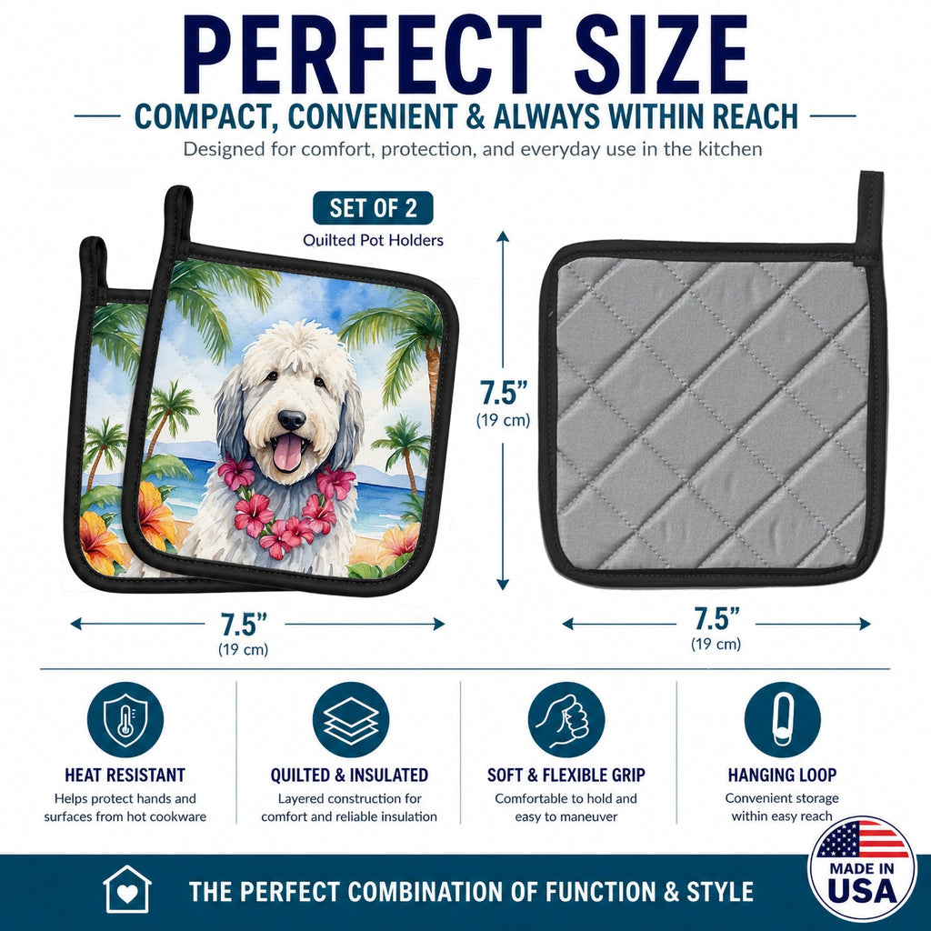 Komondor Luau Pot Holder Set of 2 Heat Resistant Quilted Hot Pads 7.5 x 7.5 Inch, Insulated Kitchen Trivets for Cooking & Baking