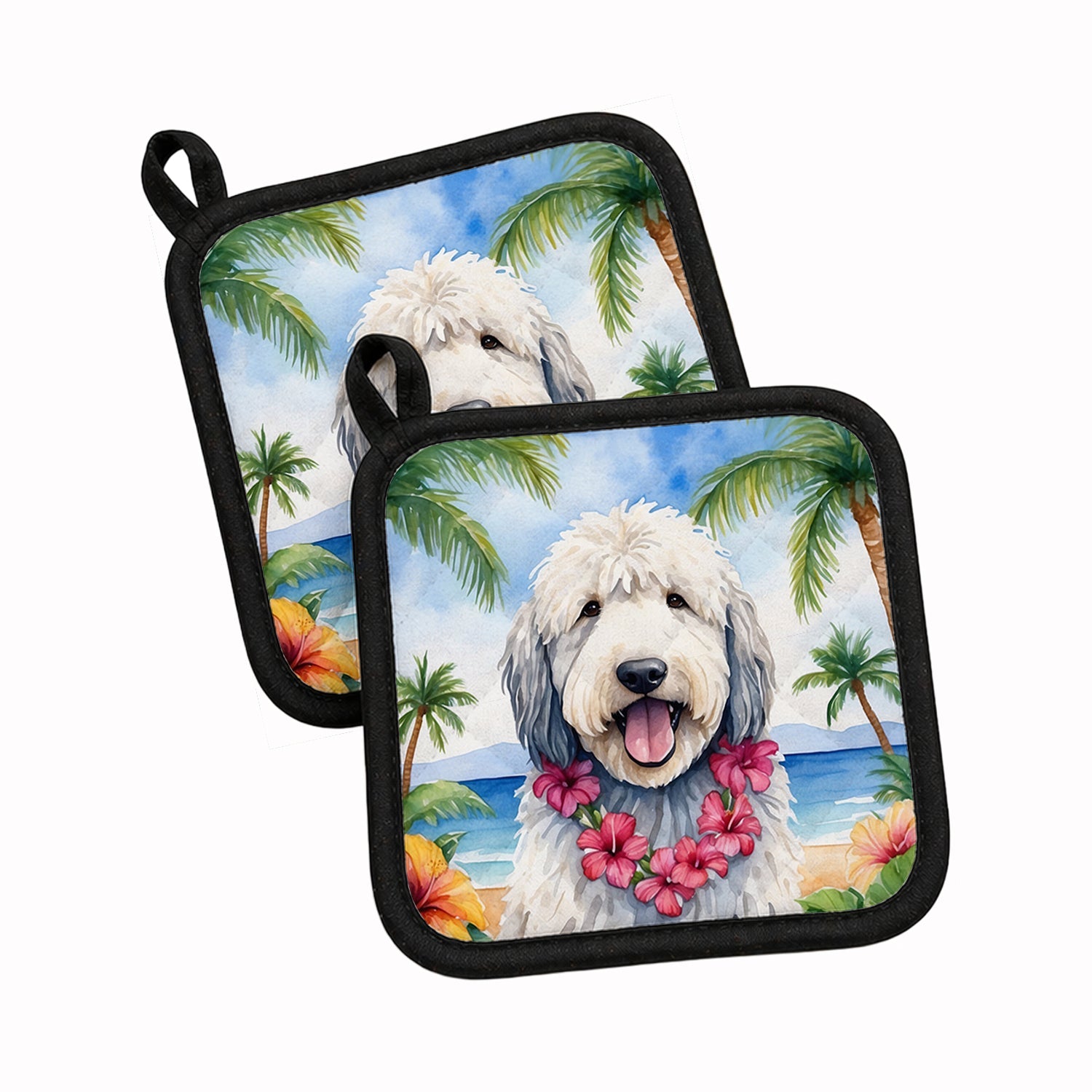 Komondor Luau Pot Holder Set of 2 Heat Resistant Quilted Hot Pads 7.5 x 7.5 Inch, Insulated Kitchen Trivets for Cooking & Baking