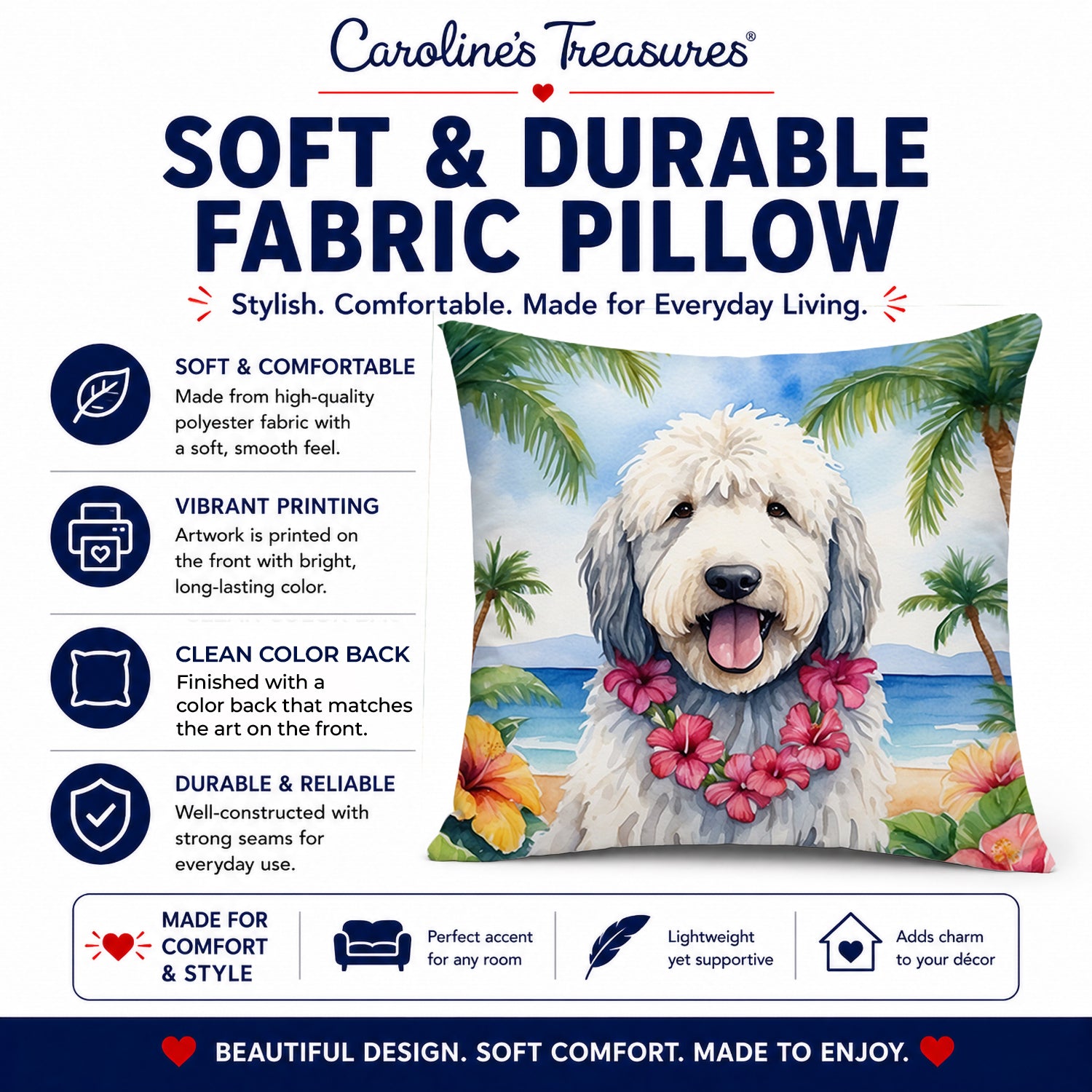 Komondor Luau Decorative Throw Pillow 14x14 Indoor Outdoor Accent Cushion, Fabric Cover with Insert for Sofa, Bed, Porch & Living Room