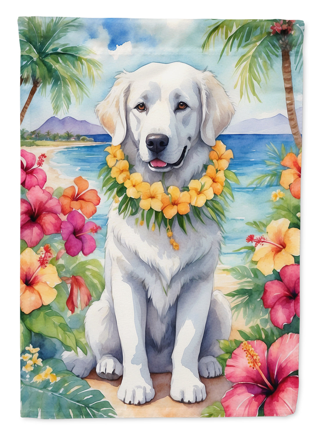 Kuvasz Luau House Flag 28x40 Porch Sleeve Pole Decorative Outside Yard Banner Artwork Wall Hanging, Polyester