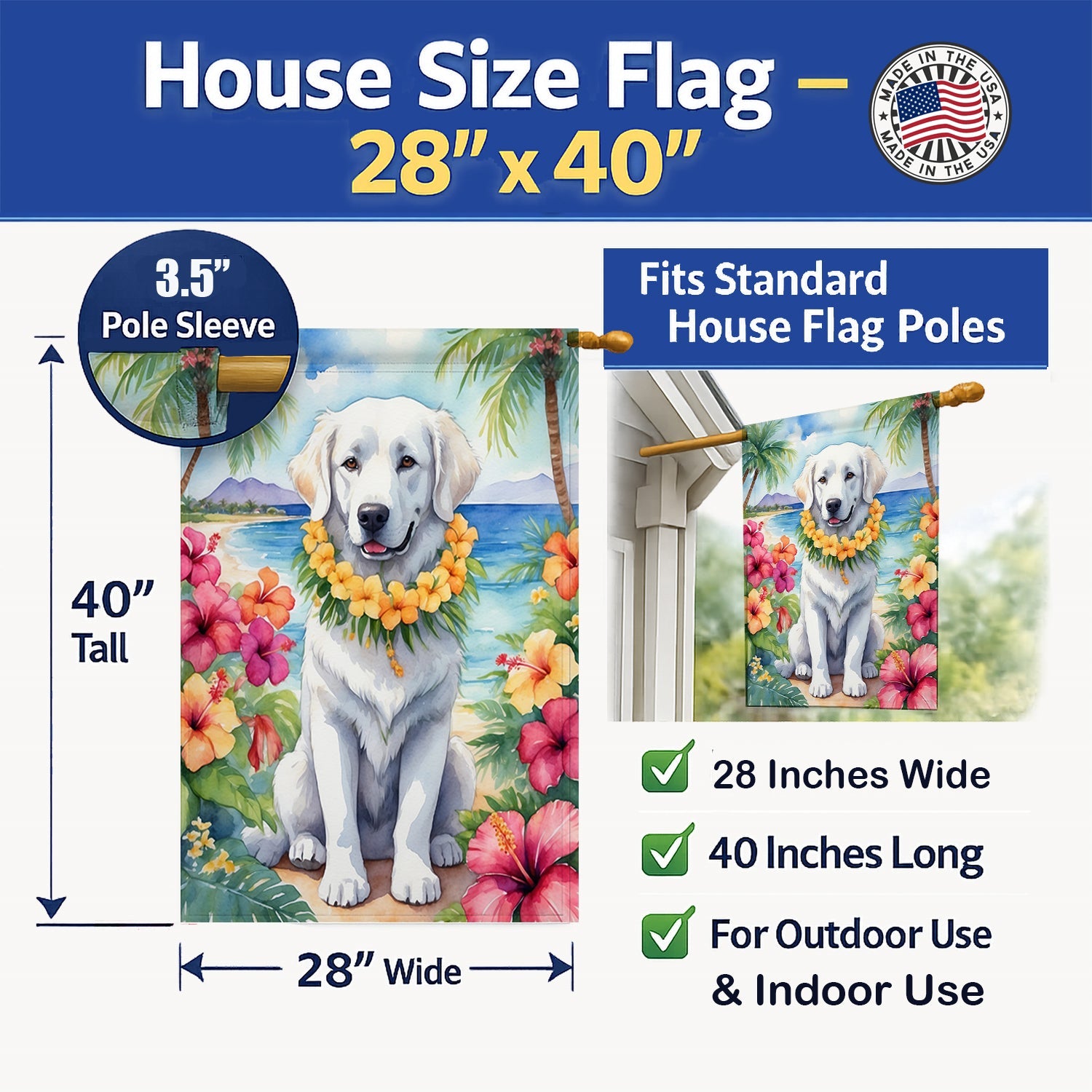 Kuvasz Luau House Flag 28x40 Porch Sleeve Pole Decorative Outside Yard Banner Artwork Wall Hanging, Polyester