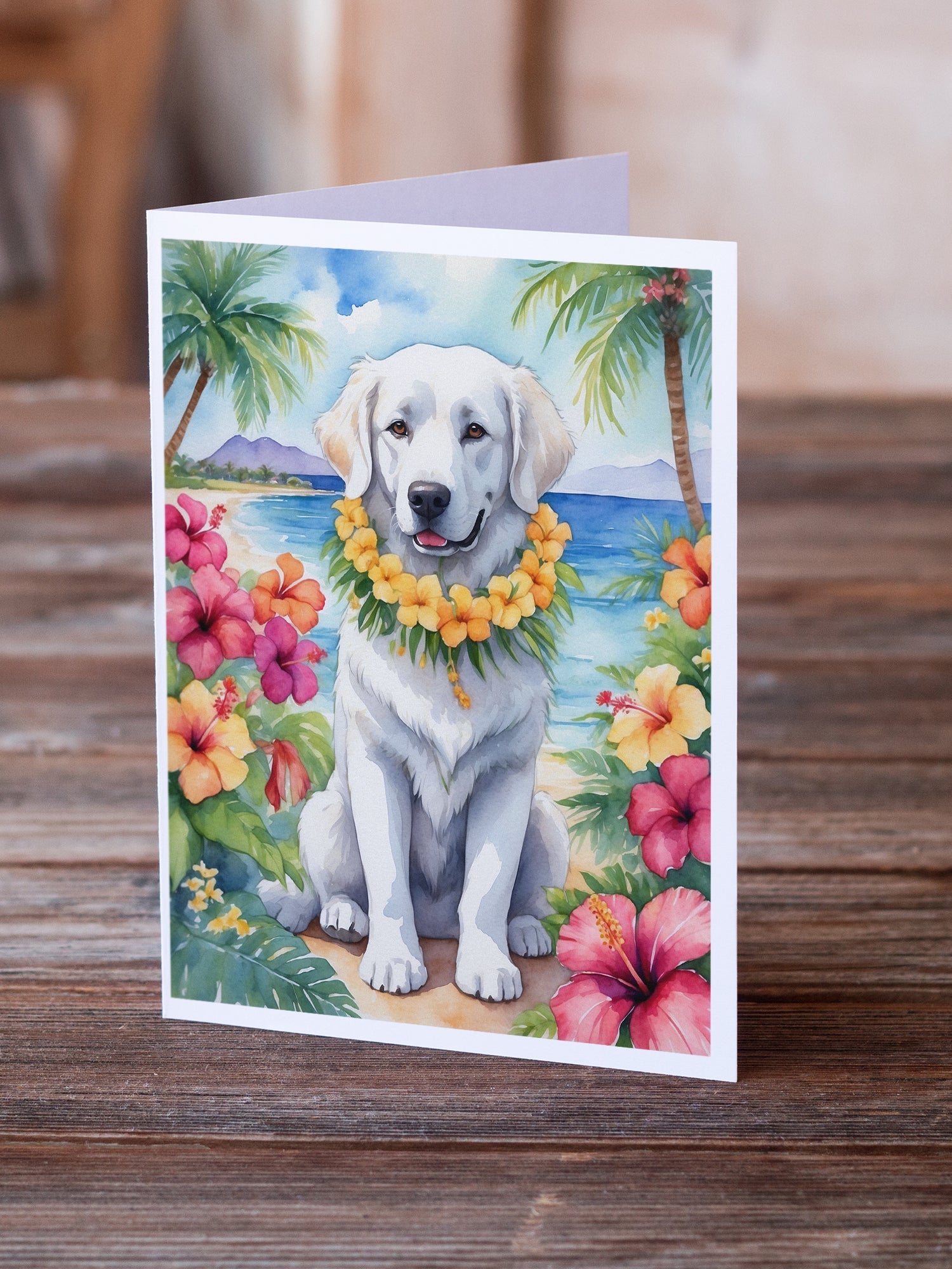Kuvasz Luau Greeting Cards Pack of 8 Blank Cards with Envelopes Whimsical A7 Size 5x7