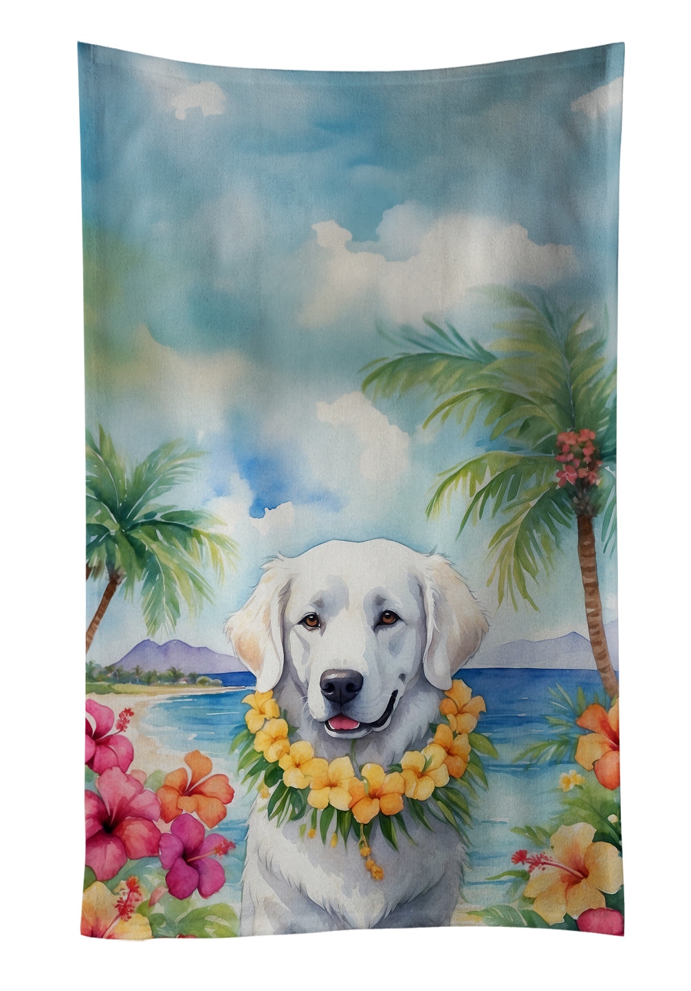 Kuvasz Luau Kitchen Towel Velour Plush Front and Cotton Loop Back Machine Washable