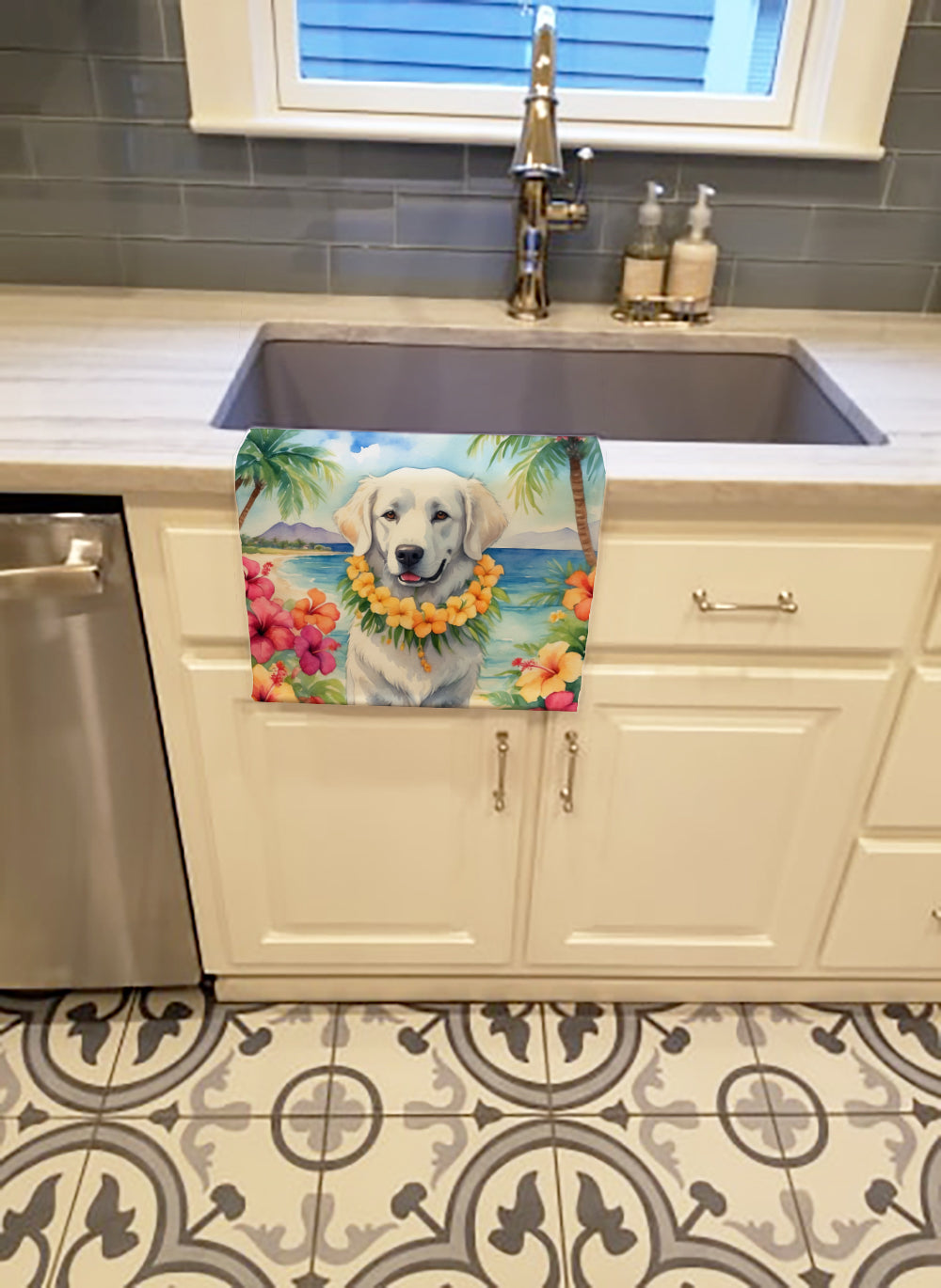 Kuvasz Luau Kitchen Towel Velour Plush Front and Cotton Loop Back Machine Washable