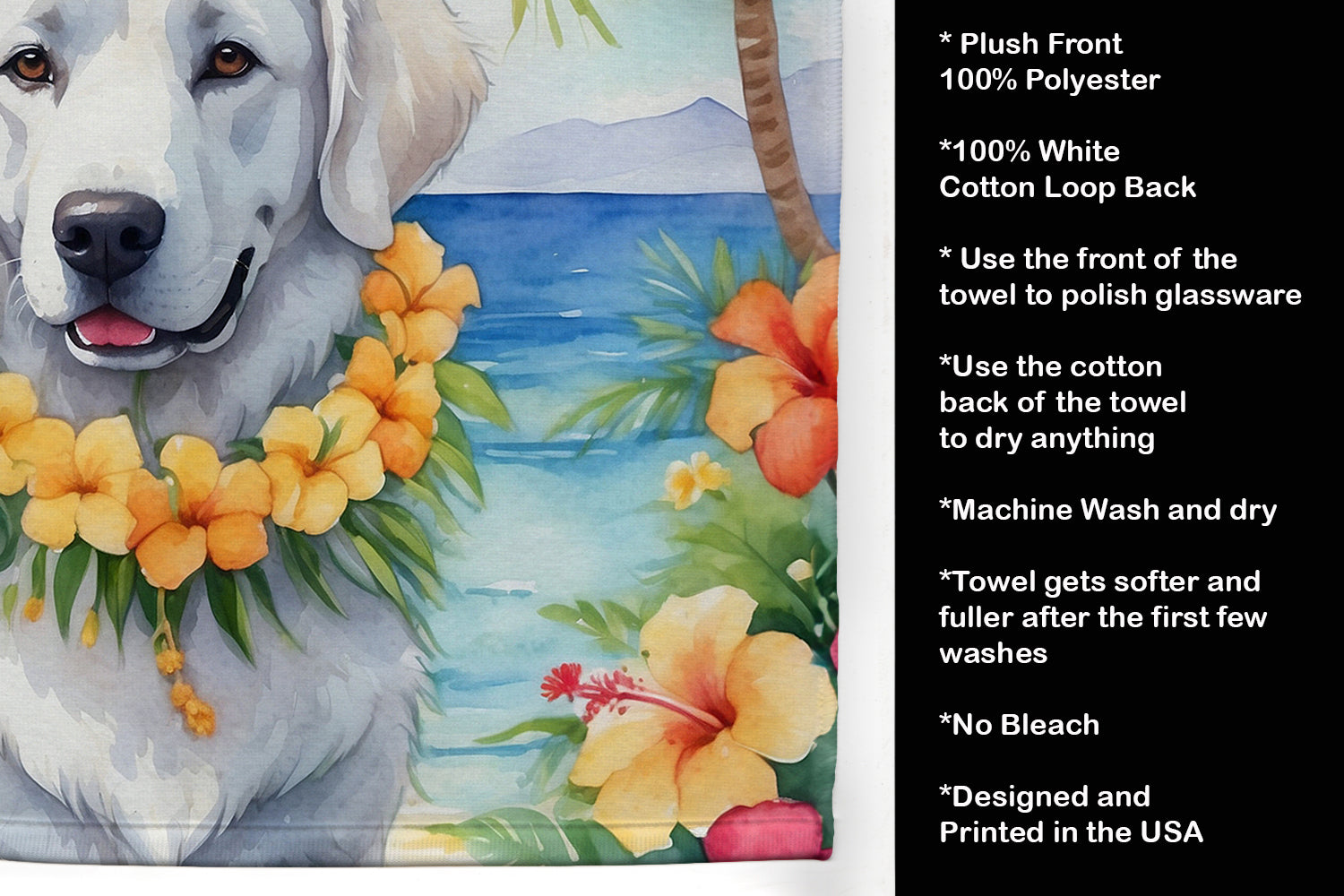 Kuvasz Luau Kitchen Towel Velour Plush Front and Cotton Loop Back Machine Washable