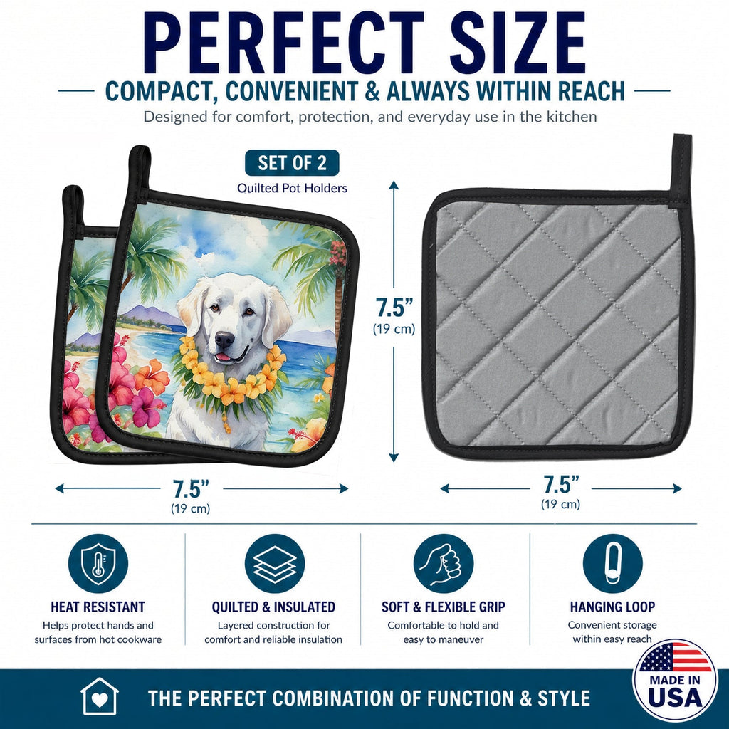 Kuvasz Luau Pot Holder Set of 2 Heat Resistant Quilted Hot Pads 7.5 x 7.5 Inch, Insulated Kitchen Trivets for Cooking & Baking