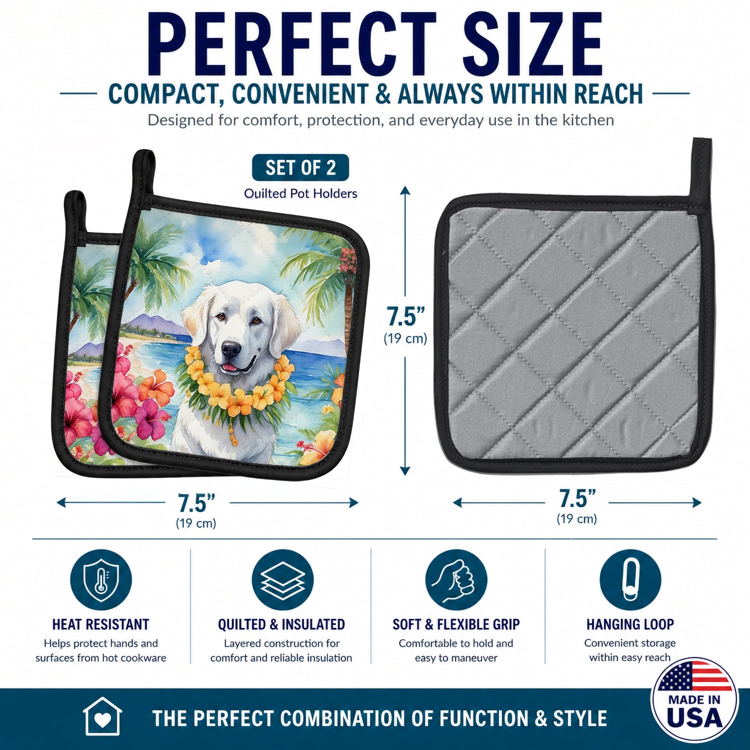 Kuvasz Luau Pot Holder Set of 2 Heat Resistant Quilted Hot Pads 7.5 x 7.5 Inch, Insulated Kitchen Trivets for Cooking & Baking