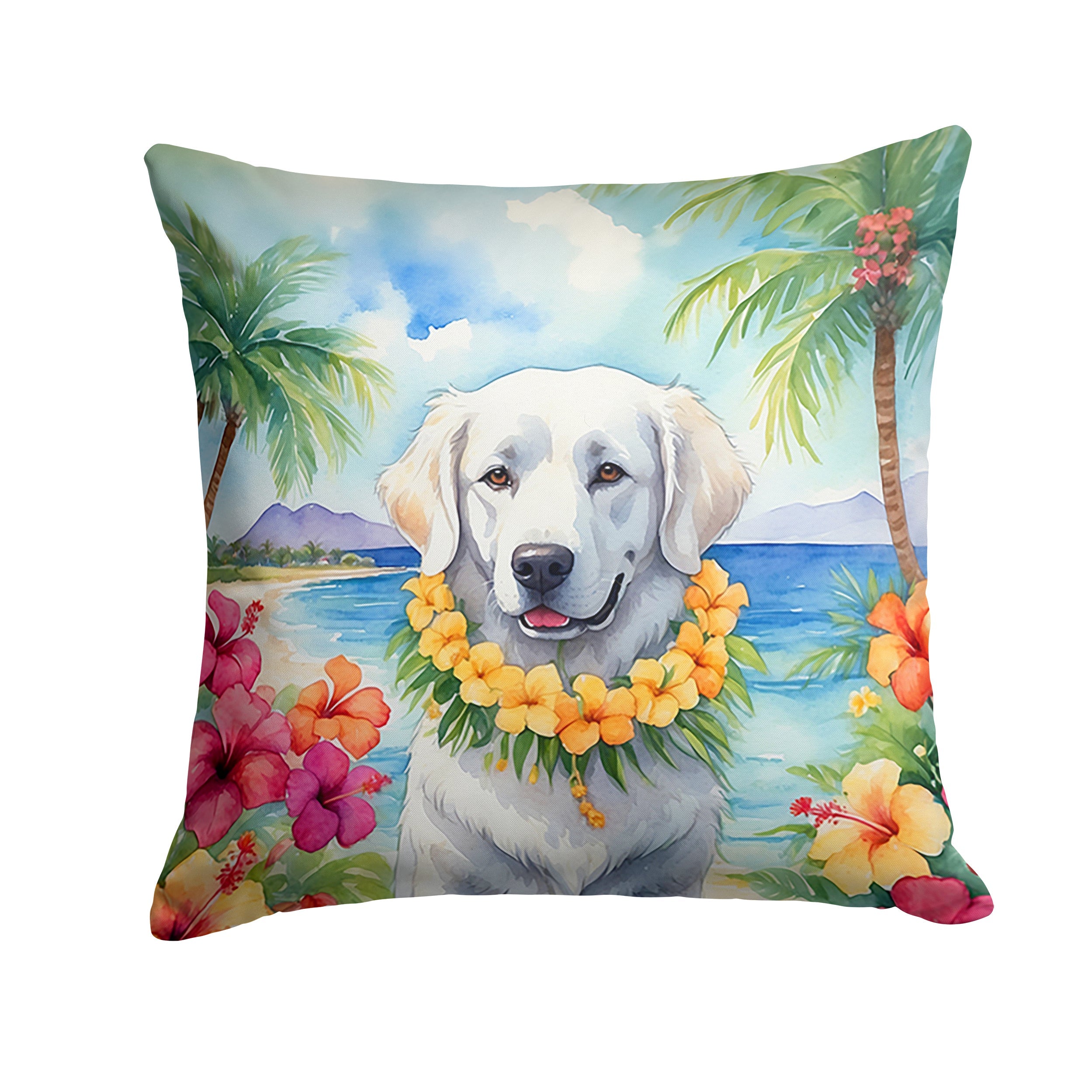 Kuvasz Luau Decorative Throw Pillow 14x14 Indoor Outdoor Accent Cushion, Fabric Cover with Insert for Sofa, Bed, Porch & Living Room