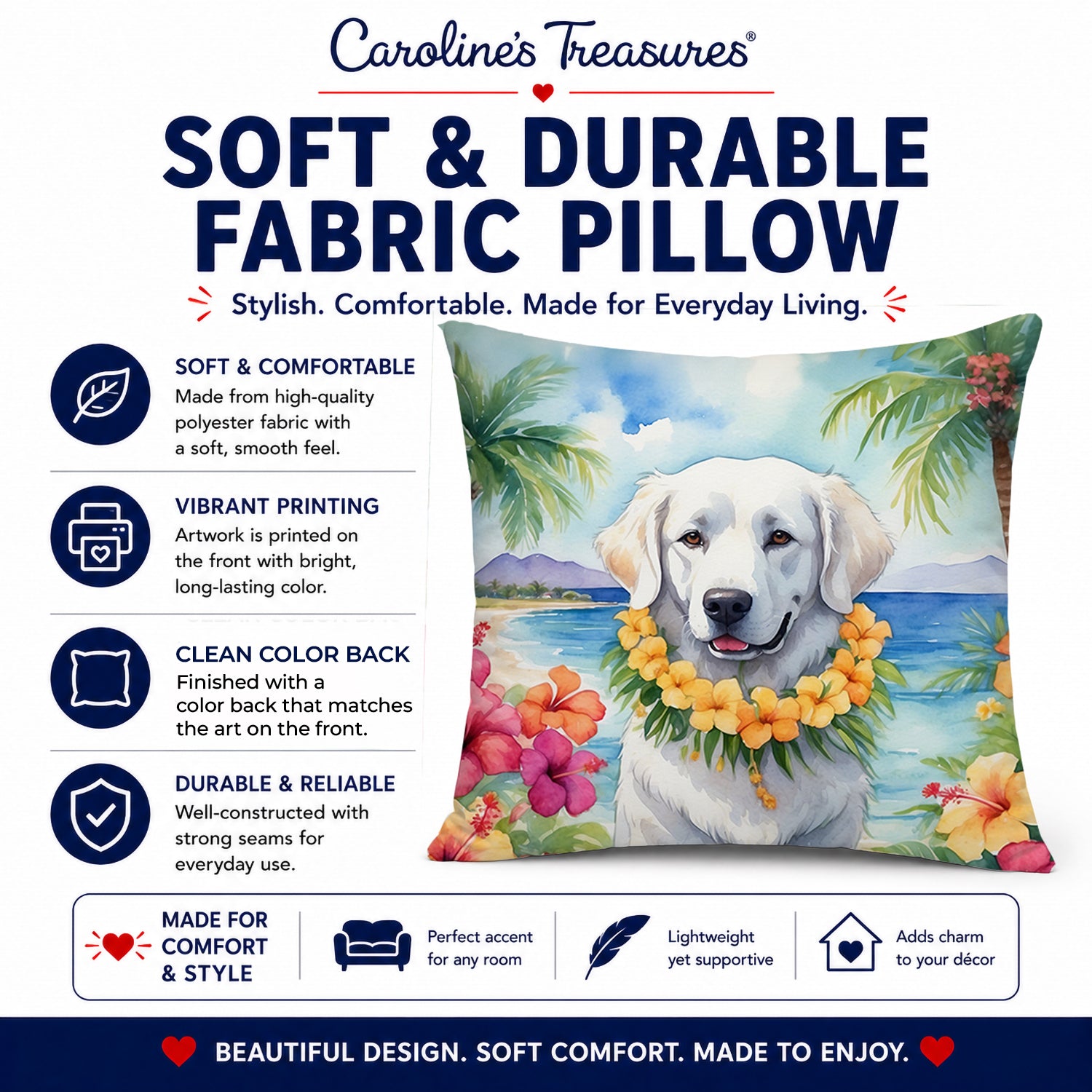 Kuvasz Luau Decorative Throw Pillow 14x14 Indoor Outdoor Accent Cushion, Fabric Cover with Insert for Sofa, Bed, Porch & Living Room