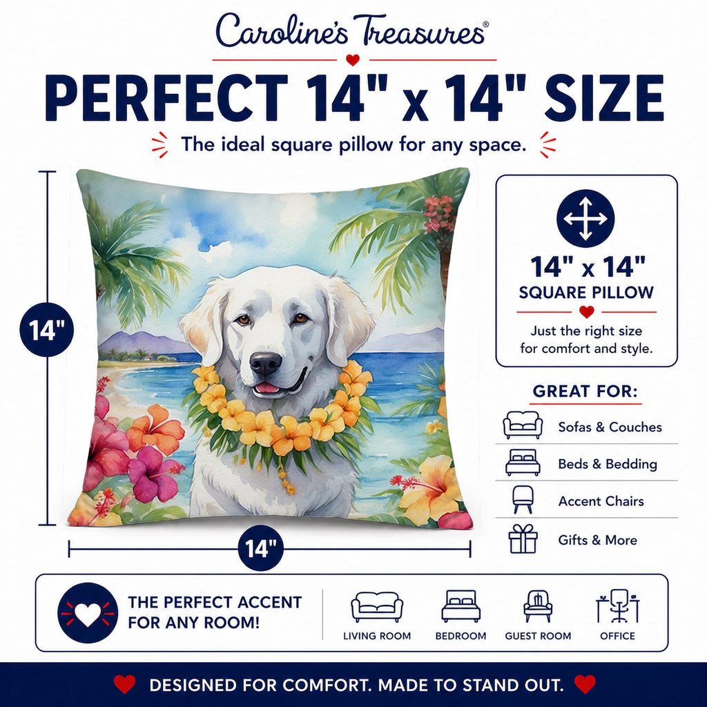 Kuvasz Luau Decorative Throw Pillow 14x14 Indoor Outdoor Accent Cushion, Fabric Cover with Insert for Sofa, Bed, Porch & Living Room