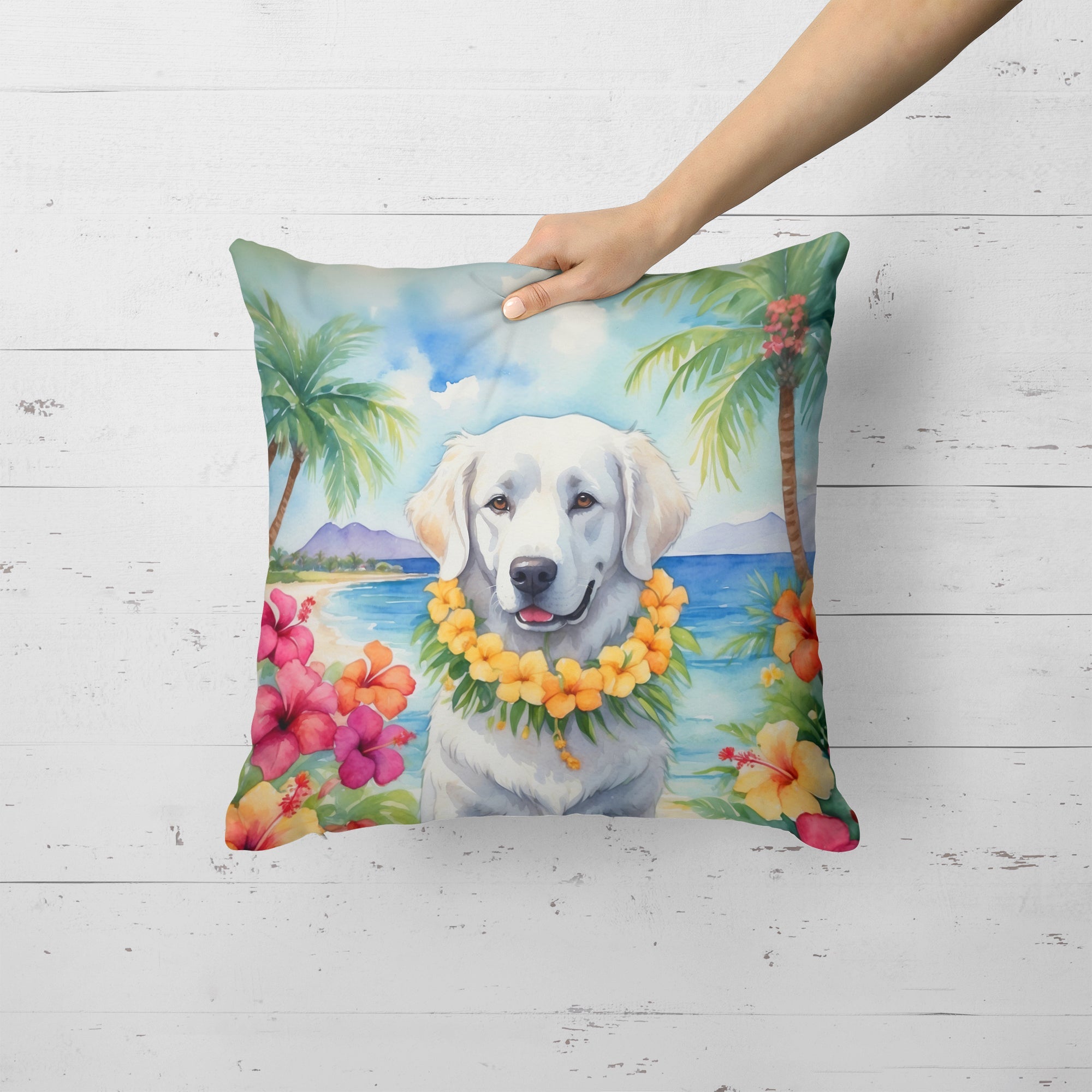 Kuvasz Luau Decorative Throw Pillow 18x18 Indoor Outdoor Accent Cushion, Fabric Cover with Insert for Sofa, Bed, Porch & Living Room