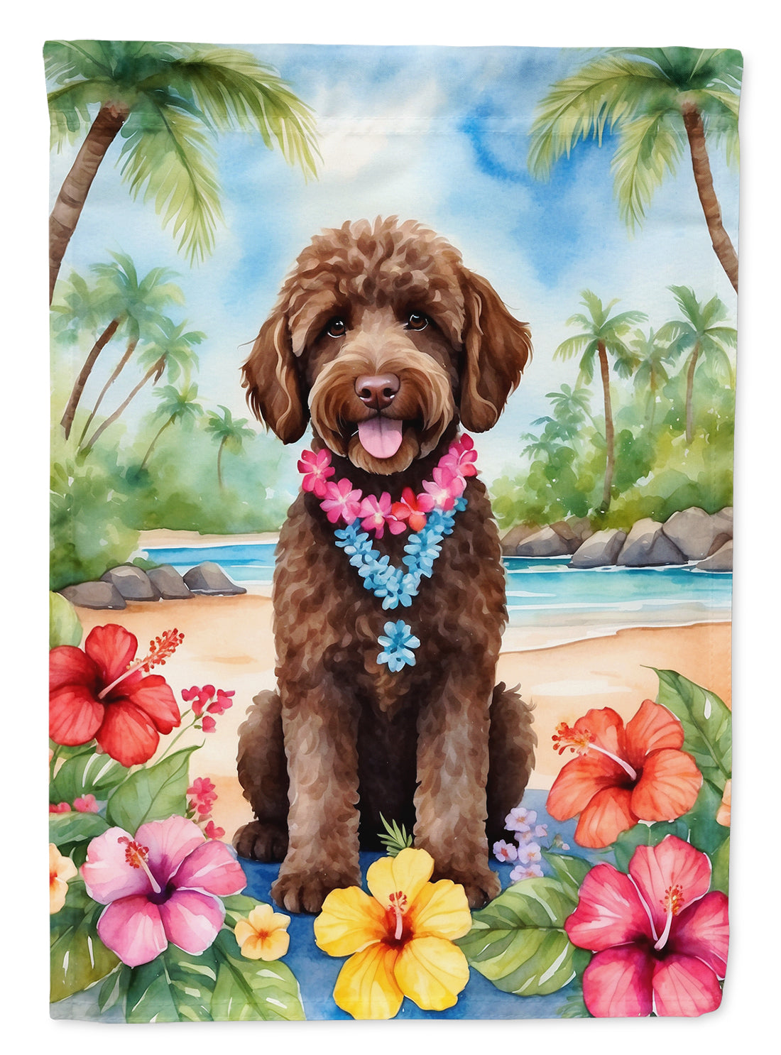 Labradoodle Luau House Flag 28x40 Porch Sleeve Pole Decorative Outside Yard Banner Artwork Wall Hanging, Polyester