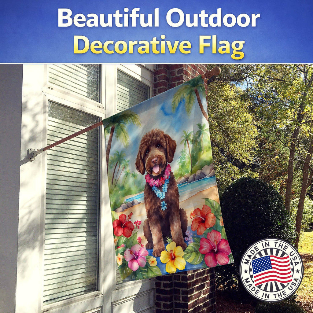 Labradoodle Luau House Flag 28x40 Porch Sleeve Pole Decorative Outside Yard Banner Artwork Wall Hanging, Polyester