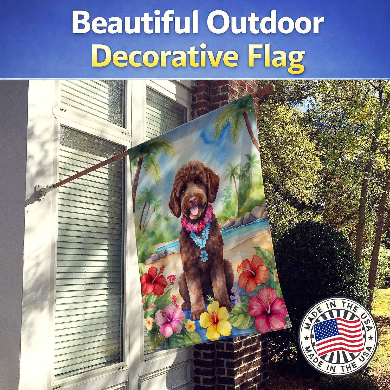 Labradoodle Luau House Flag 28x40 Porch Sleeve Pole Decorative Outside Yard Banner Artwork Wall Hanging, Polyester