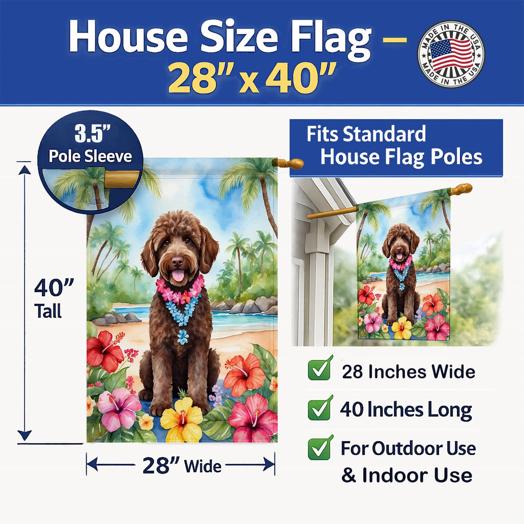 Labradoodle Luau House Flag 28x40 Porch Sleeve Pole Decorative Outside Yard Banner Artwork Wall Hanging, Polyester