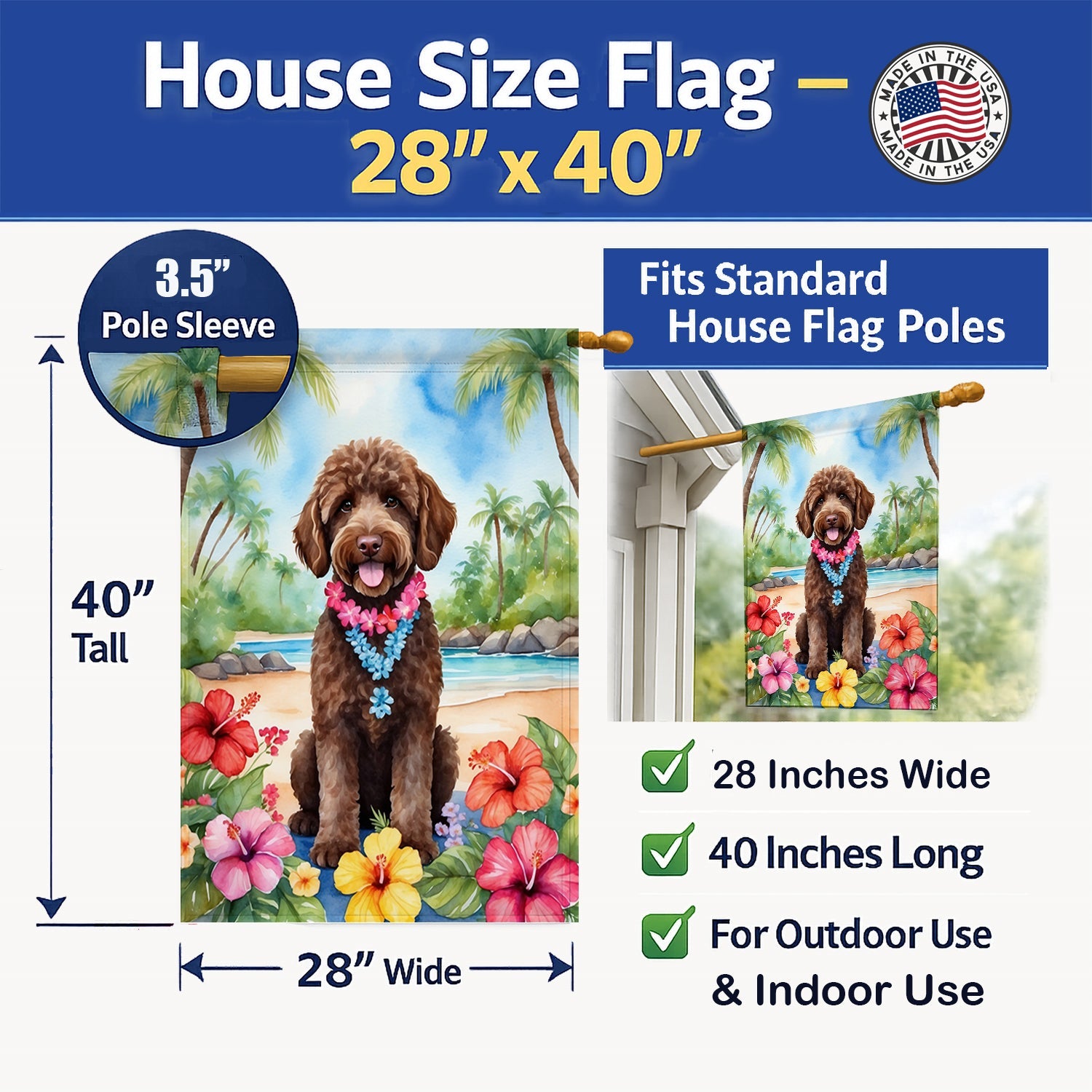 Labradoodle Luau House Flag 28x40 Porch Sleeve Pole Decorative Outside Yard Banner Artwork Wall Hanging, Polyester