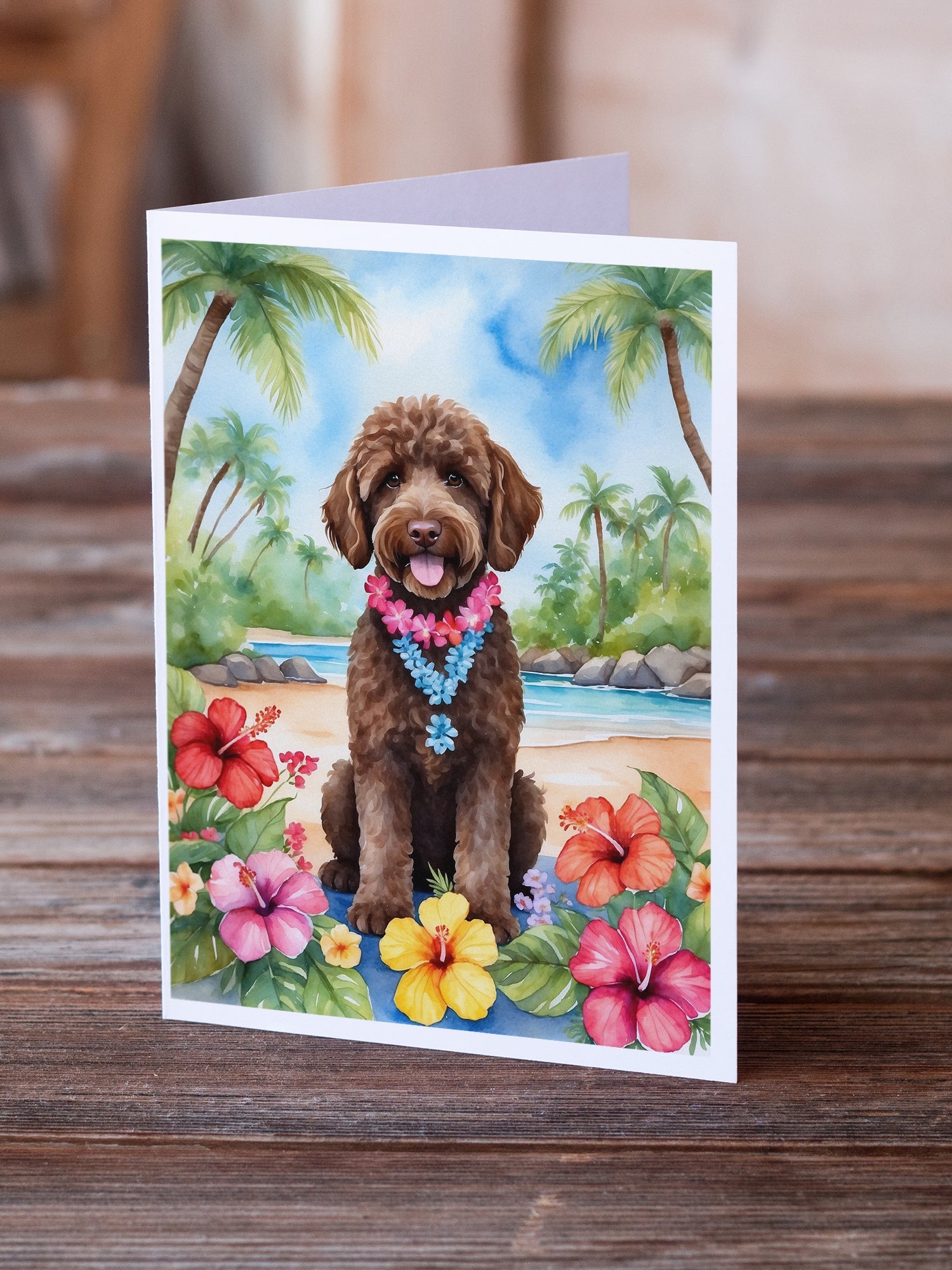 Labradoodle Luau Greeting Cards Pack of 8 Blank Cards with Envelopes Whimsical A7 Size 5x7