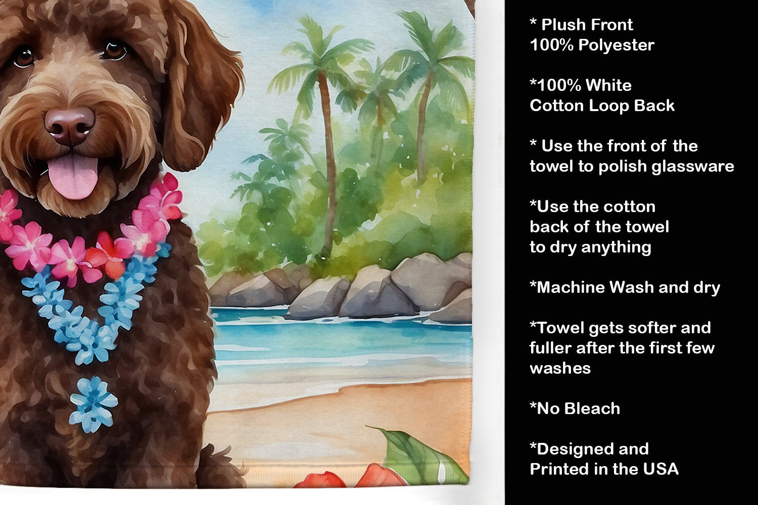 Labradoodle Luau Kitchen Towel Velour Plush Front and Cotton Loop Back Machine Washable
