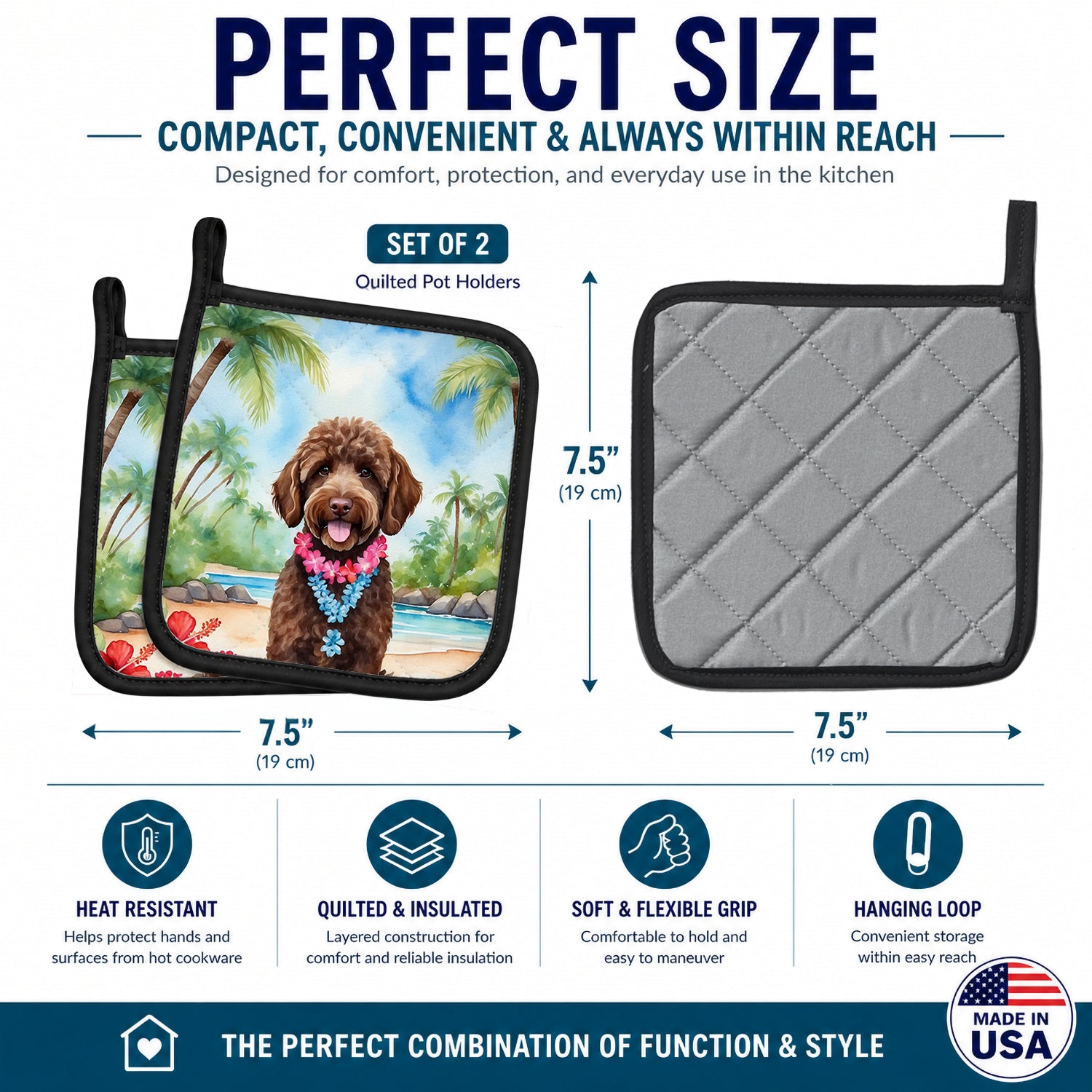 Labradoodle Luau Pot Holder Set of 2 Heat Resistant Quilted Hot Pads 7.5 x 7.5 Inch, Insulated Kitchen Trivets for Cooking & Baking
