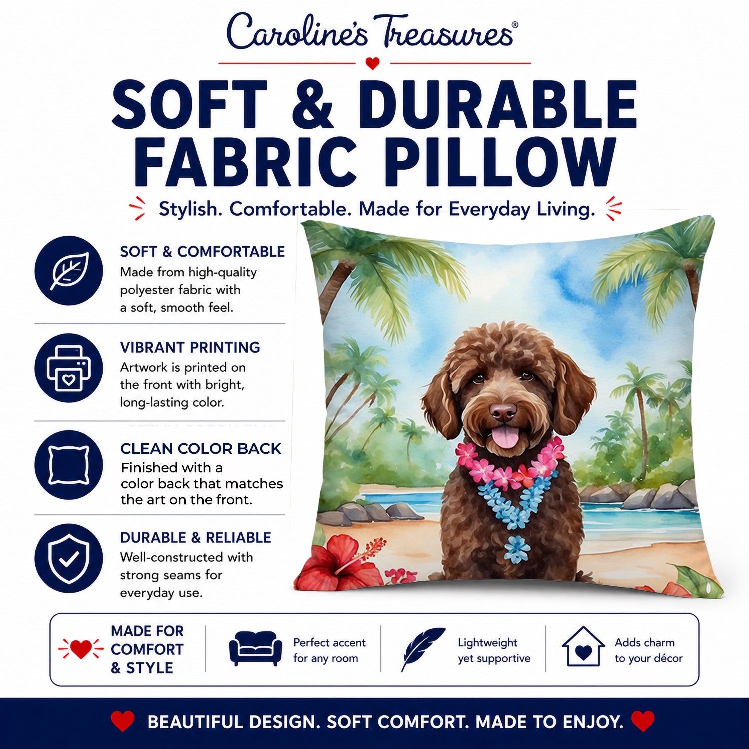 Labradoodle Luau Decorative Throw Pillow 14x14 Indoor Outdoor Accent Cushion, Fabric Cover with Insert for Sofa, Bed, Porch & Living Room