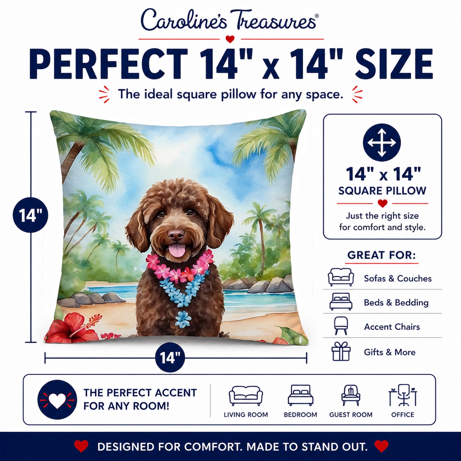 Labradoodle Luau Decorative Throw Pillow 14x14 Indoor Outdoor Accent Cushion, Fabric Cover with Insert for Sofa, Bed, Porch & Living Room