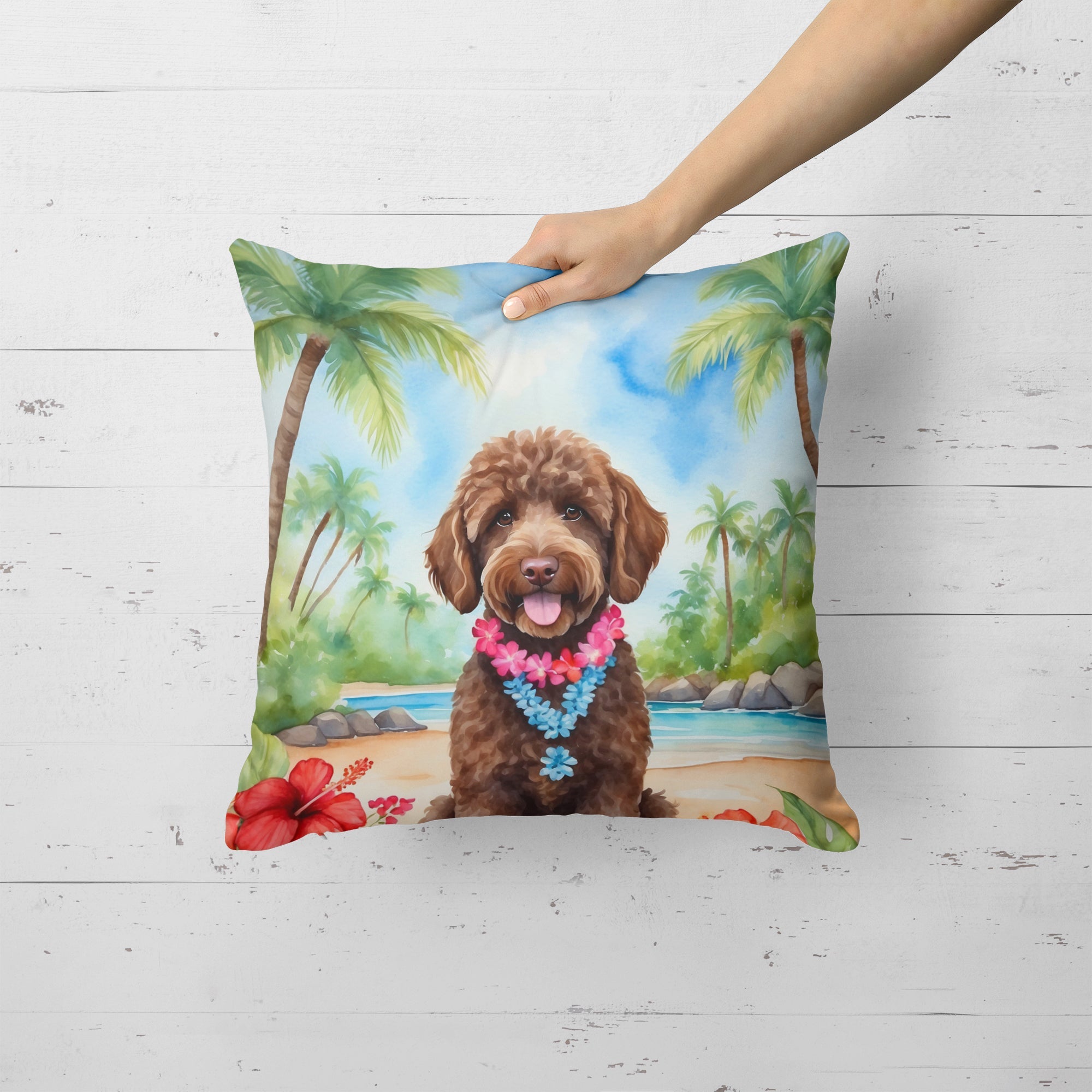 Labradoodle Luau Decorative Throw Pillow 18x18 Indoor Outdoor Accent Cushion, Fabric Cover with Insert for Sofa, Bed, Porch & Living Room