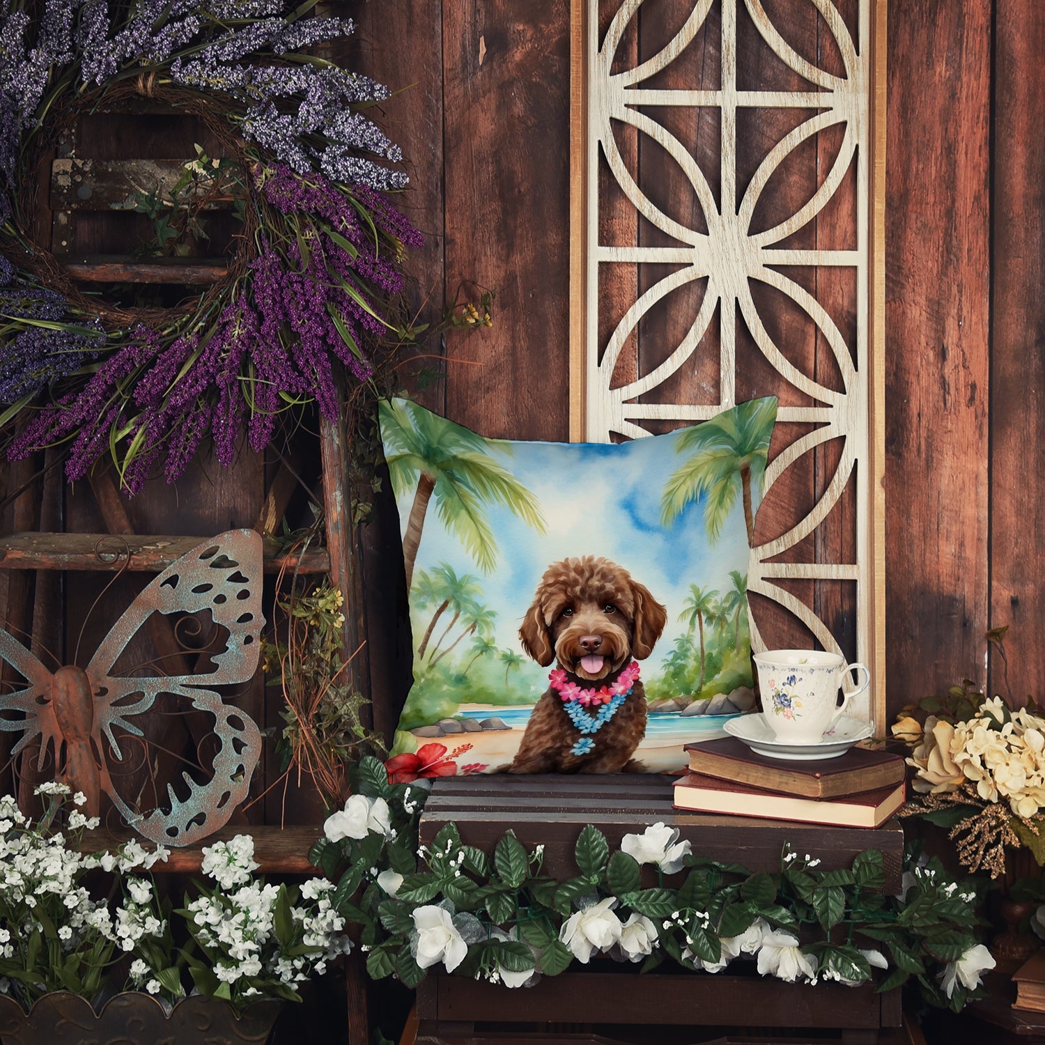 Labradoodle Luau Decorative Throw Pillow 18x18 Indoor Outdoor Accent Cushion, Fabric Cover with Insert for Sofa, Bed, Porch & Living Room