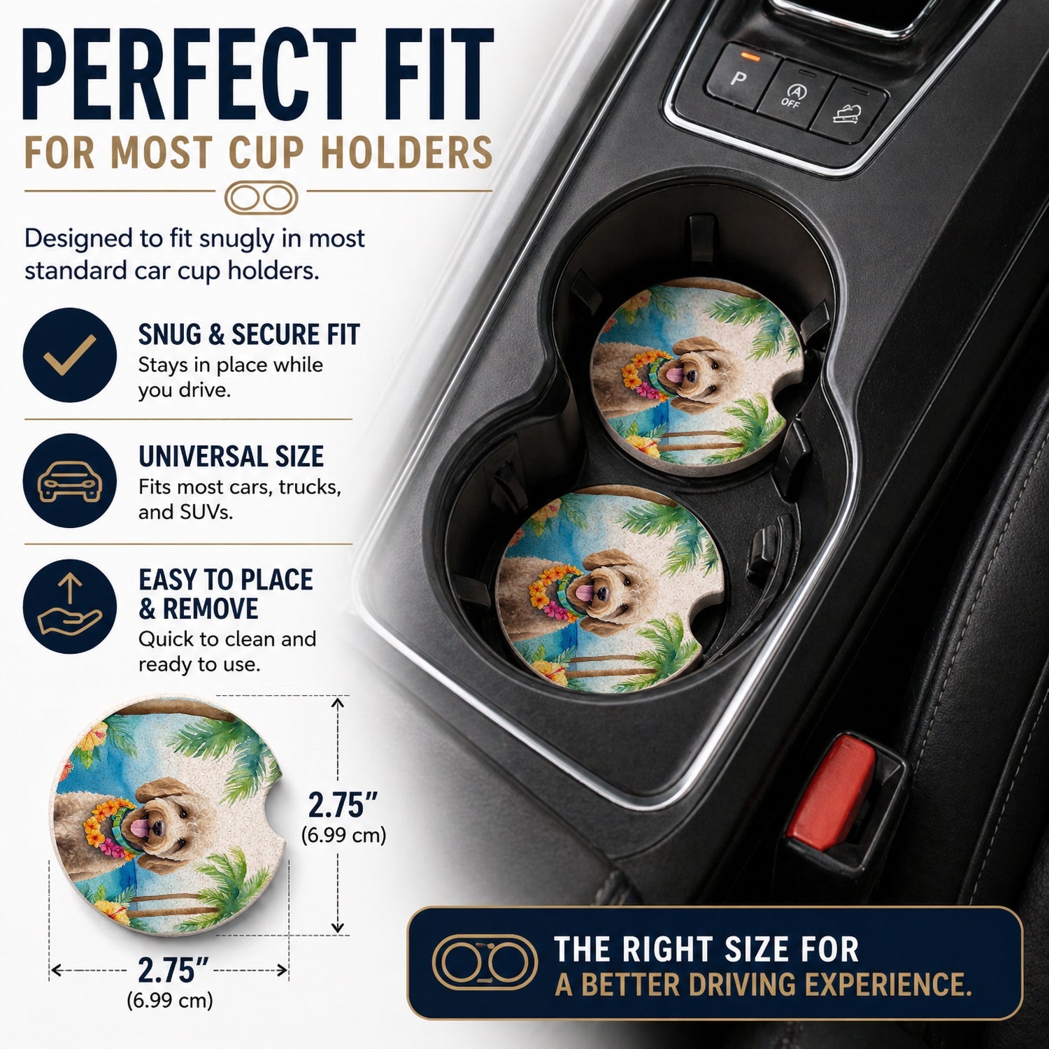 Labradoodle Luau Set of 2 Cup Holder Car Coasters Absorbent Round Sandstone Coasters Gifts for Men or Women, 2.5, Multicolor