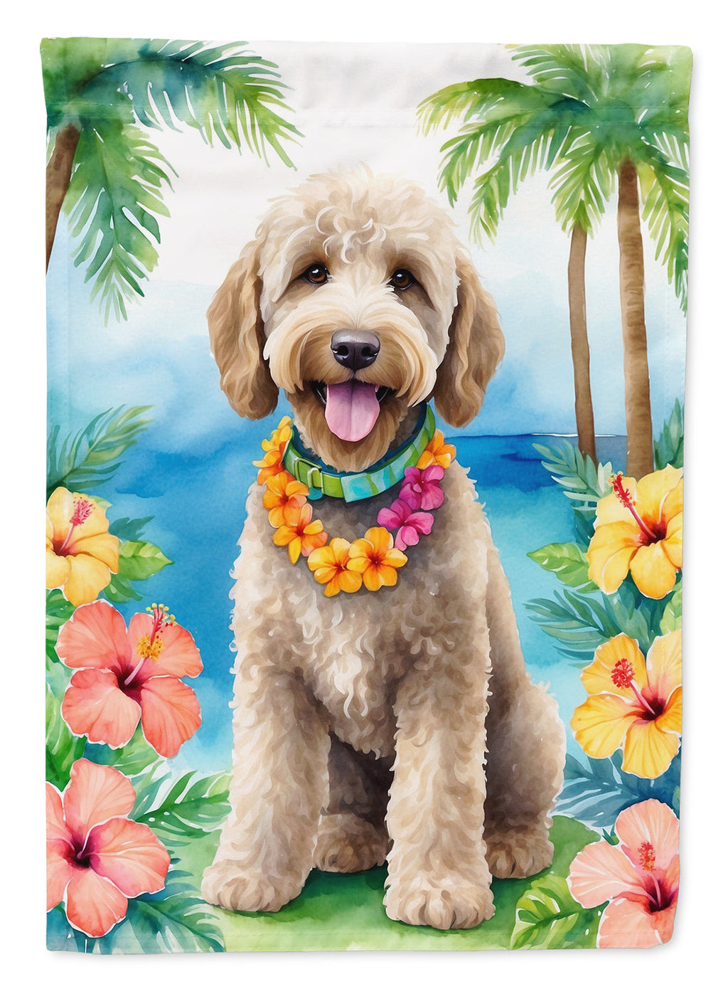 Labradoodle Luau House Flag 28x40 Porch Sleeve Pole Decorative Outside Yard Banner Artwork Wall Hanging, Polyester
