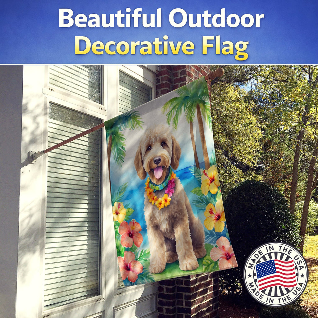 Labradoodle Luau House Flag 28x40 Porch Sleeve Pole Decorative Outside Yard Banner Artwork Wall Hanging, Polyester