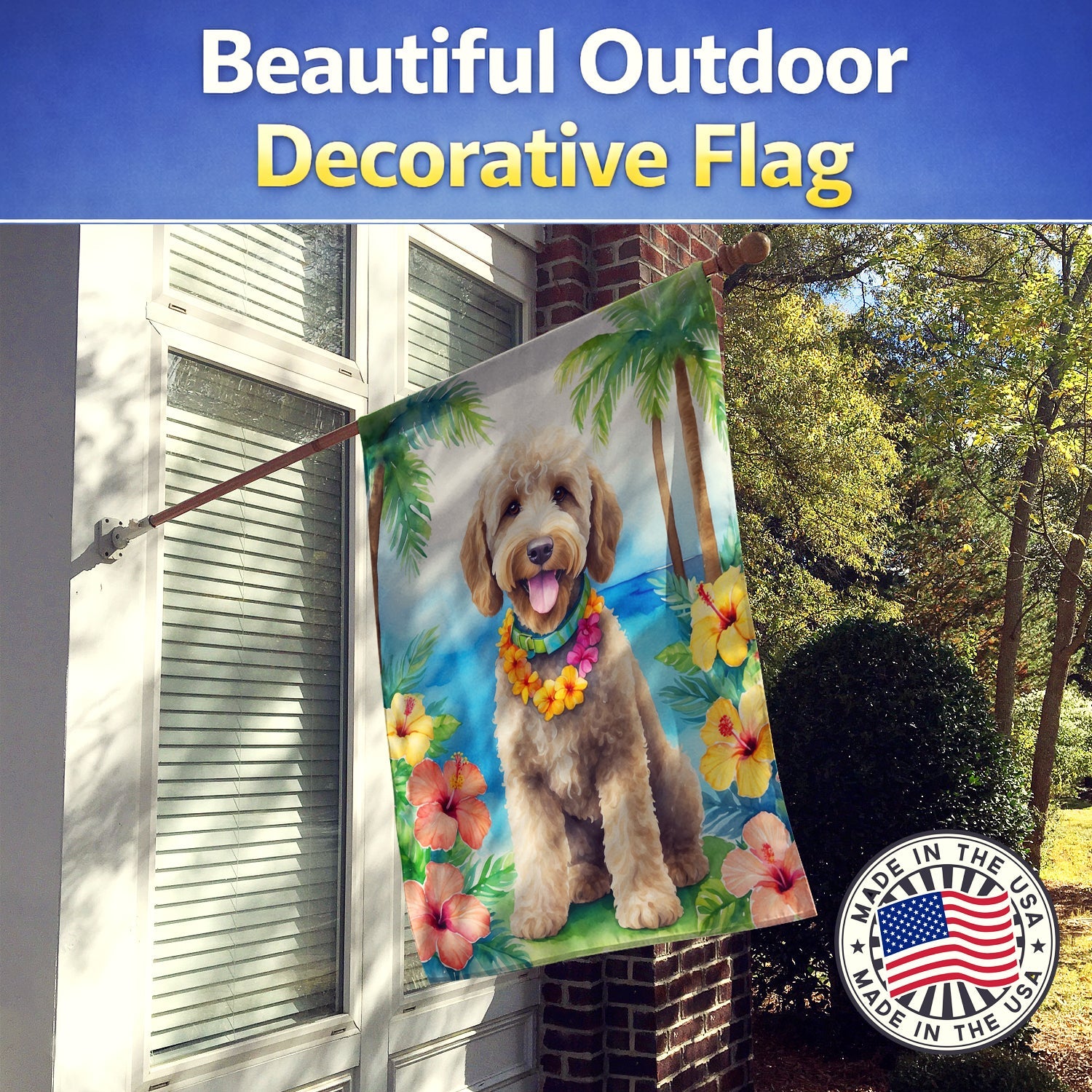 Labradoodle Luau House Flag 28x40 Porch Sleeve Pole Decorative Outside Yard Banner Artwork Wall Hanging, Polyester