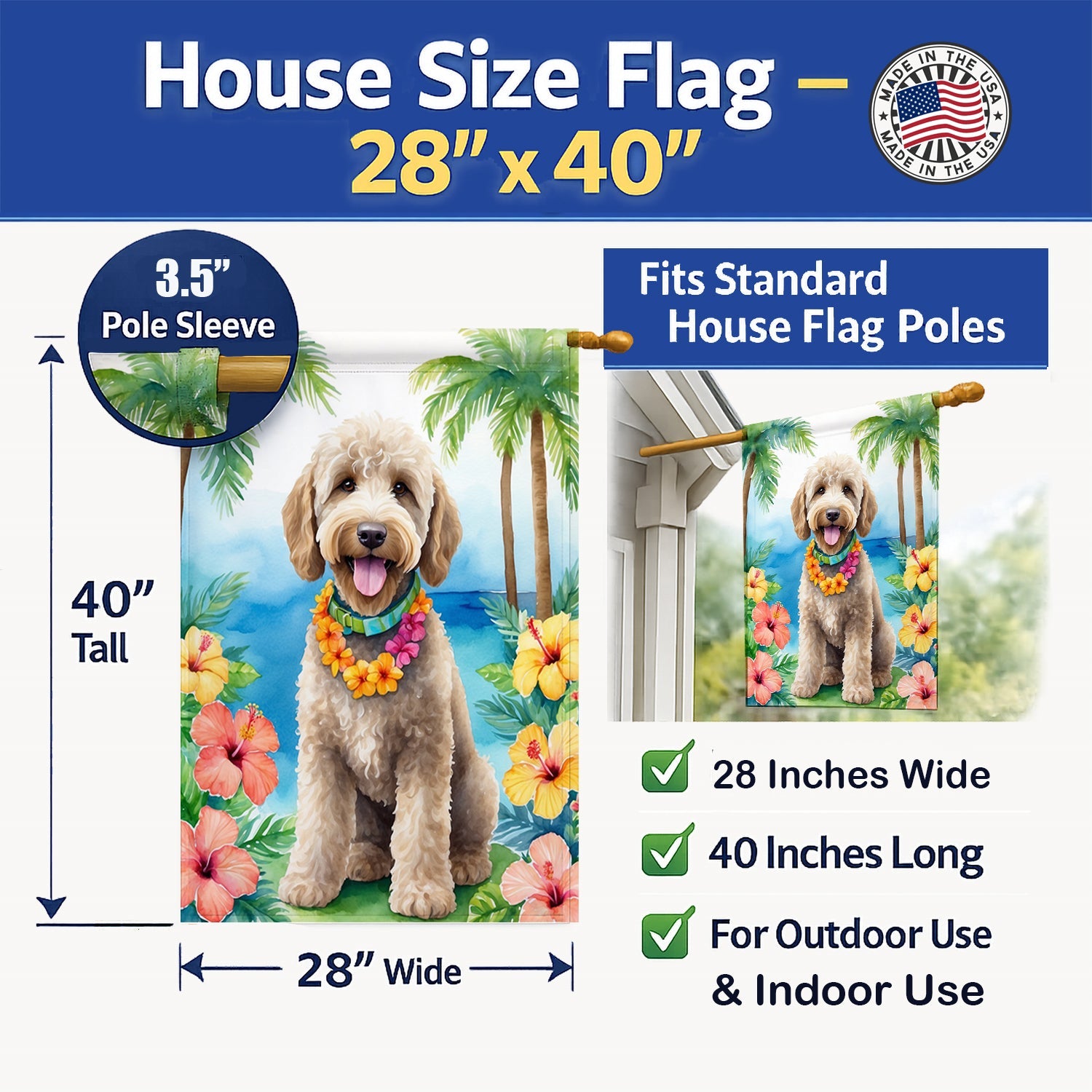 Labradoodle Luau House Flag 28x40 Porch Sleeve Pole Decorative Outside Yard Banner Artwork Wall Hanging, Polyester