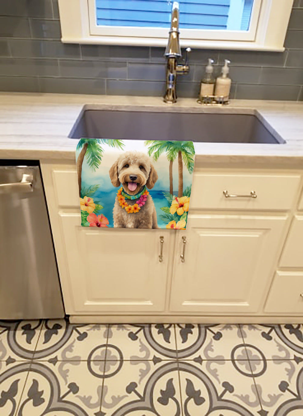 Labradoodle Luau Kitchen Towel Velour Plush Front and Cotton Loop Back Machine Washable