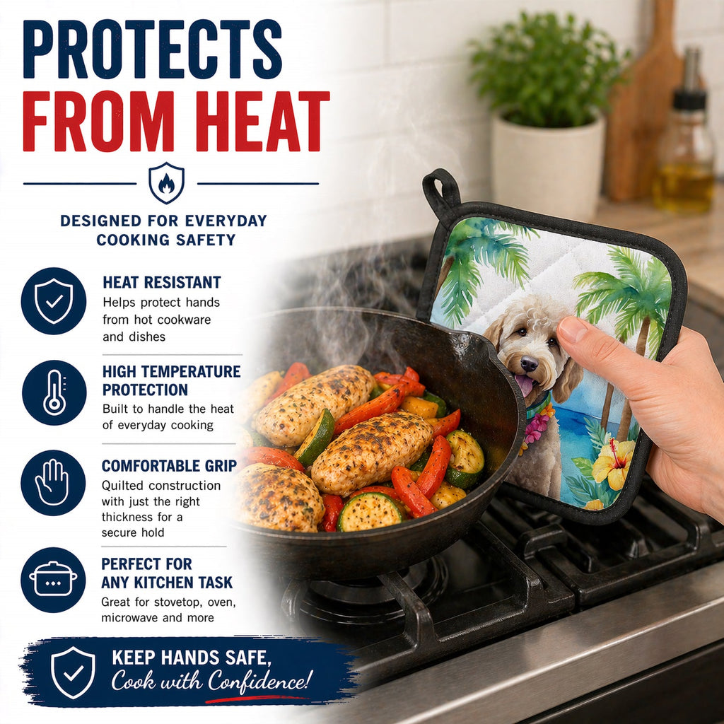 Labradoodle Luau Pot Holder Set of 2 Heat Resistant Quilted Hot Pads 7.5 x 7.5 Inch, Insulated Kitchen Trivets for Cooking & Baking