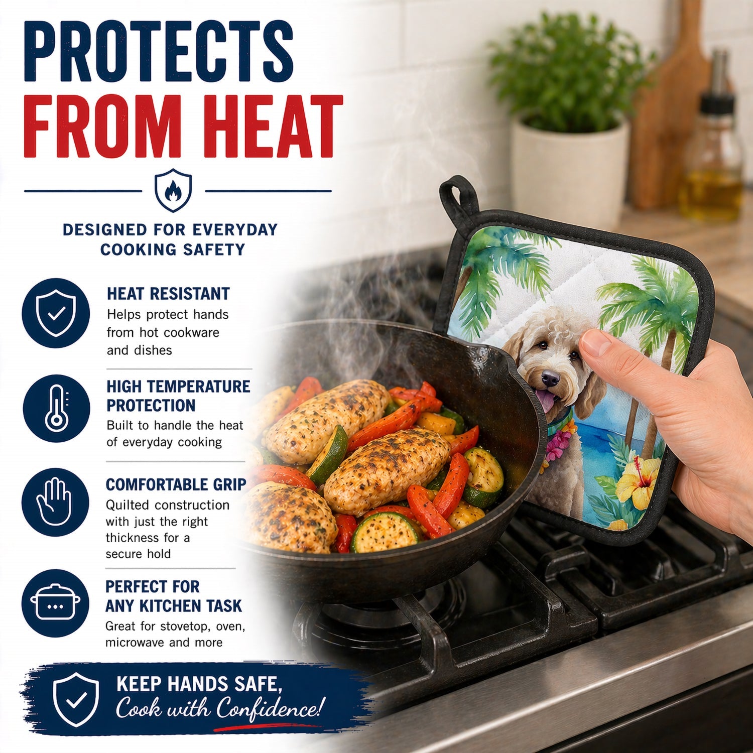 Labradoodle Luau Pot Holder Set of 2 Heat Resistant Quilted Hot Pads 7.5 x 7.5 Inch, Insulated Kitchen Trivets for Cooking & Baking