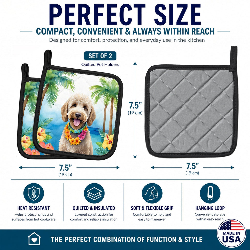 Labradoodle Luau Pot Holder Set of 2 Heat Resistant Quilted Hot Pads 7.5 x 7.5 Inch, Insulated Kitchen Trivets for Cooking & Baking