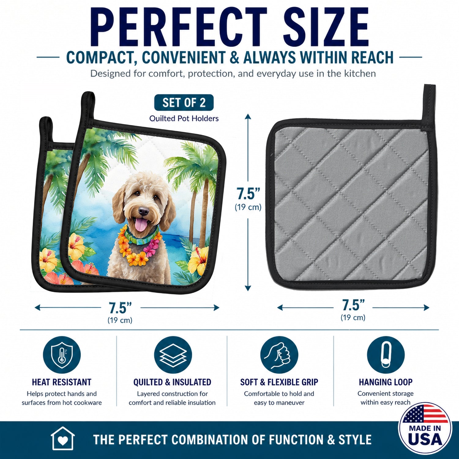 Labradoodle Luau Pot Holder Set of 2 Heat Resistant Quilted Hot Pads 7.5 x 7.5 Inch, Insulated Kitchen Trivets for Cooking & Baking