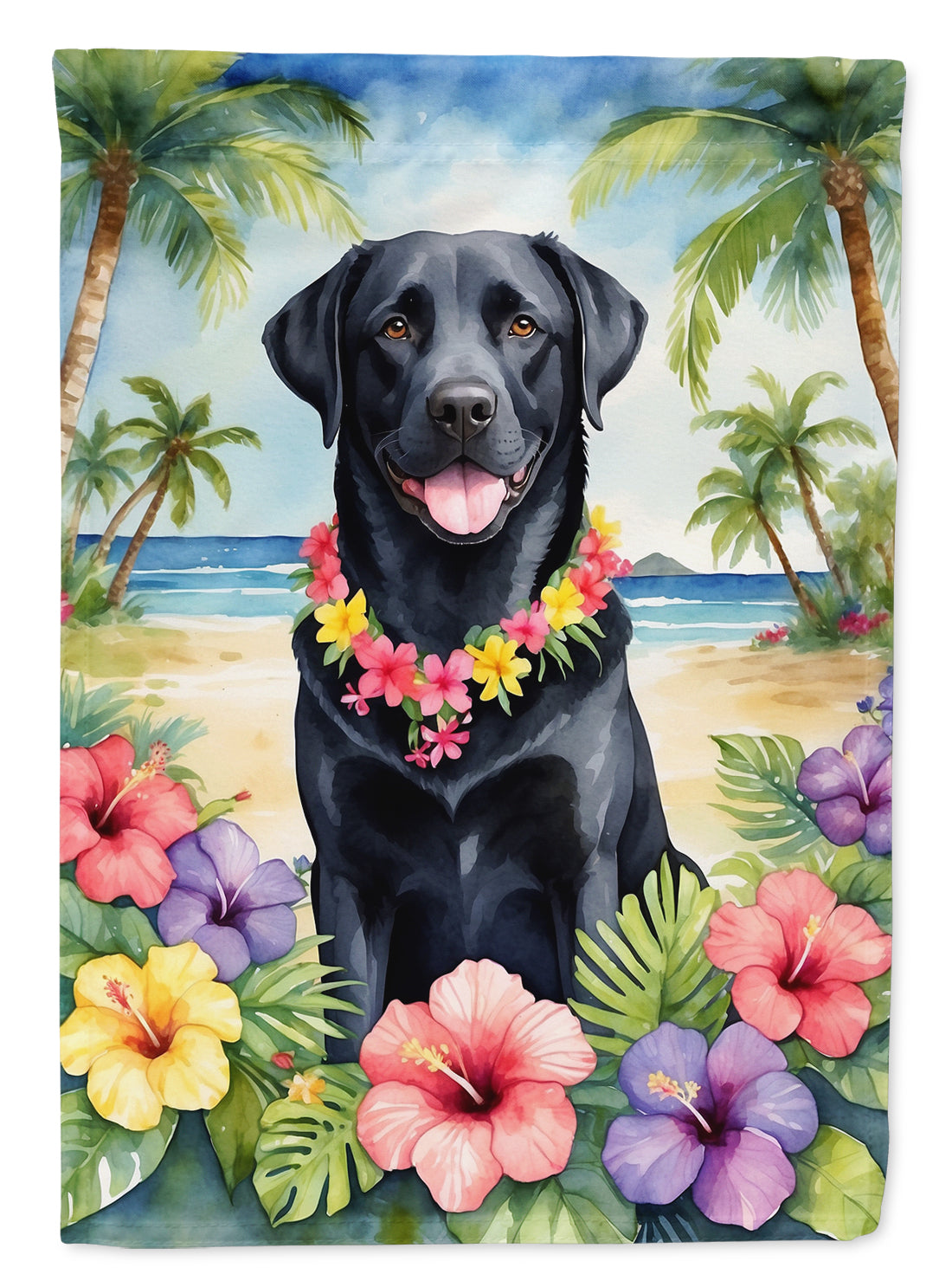 Black Labrador Retriever Luau House Flag 28x40 Porch Sleeve Pole Decorative Outside Yard Banner Artwork Wall Hanging, Polyester