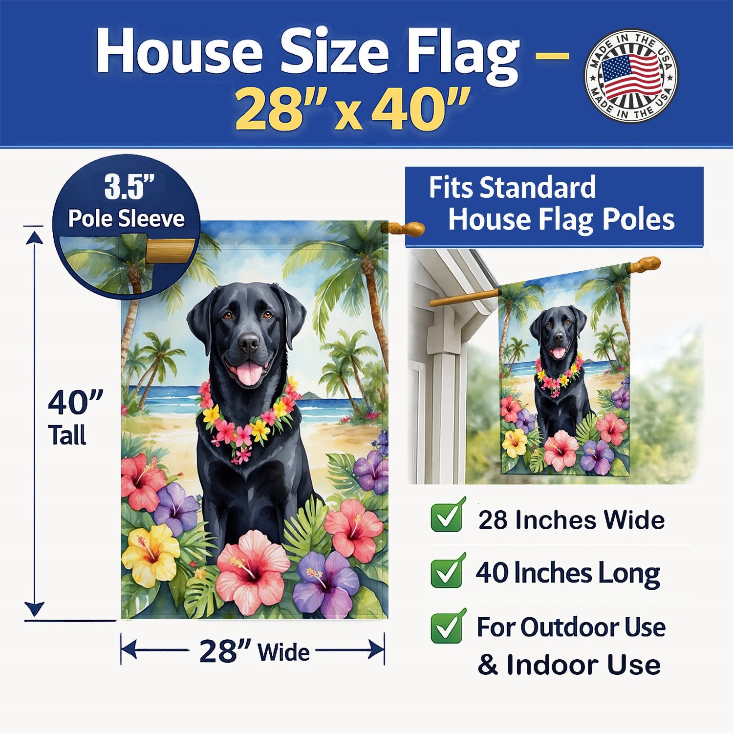 Black Labrador Retriever Luau House Flag 28x40 Porch Sleeve Pole Decorative Outside Yard Banner Artwork Wall Hanging, Polyester