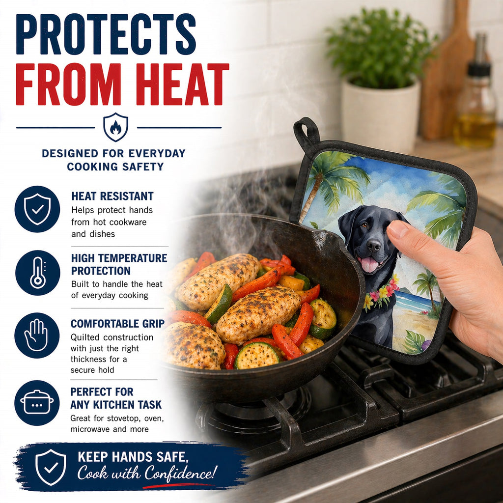 Black Labrador Retriever Luau Pot Holder Set of 2 Heat Resistant Quilted Hot Pads 7.5 x 7.5 Inch, Insulated Kitchen Trivets for Cooking & Baking