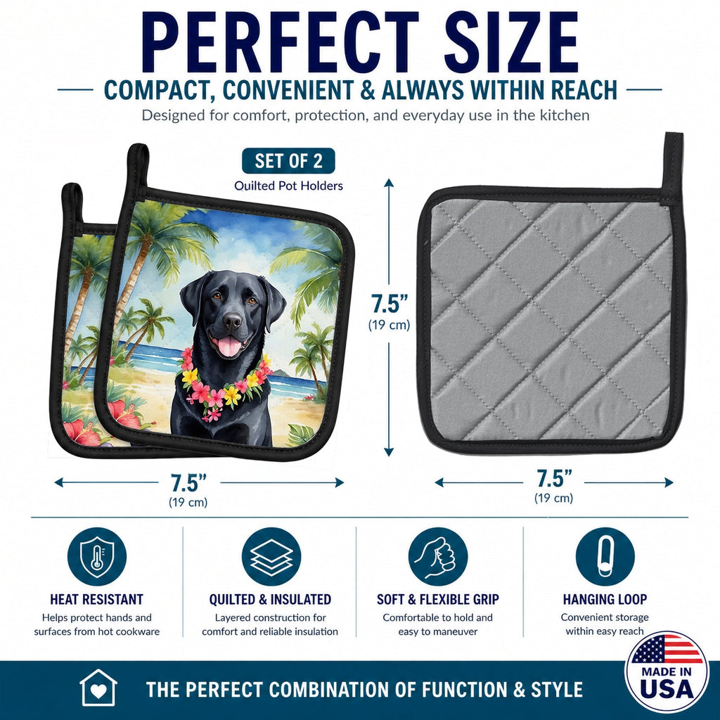 Black Labrador Retriever Luau Pot Holder Set of 2 Heat Resistant Quilted Hot Pads 7.5 x 7.5 Inch, Insulated Kitchen Trivets for Cooking & Baking