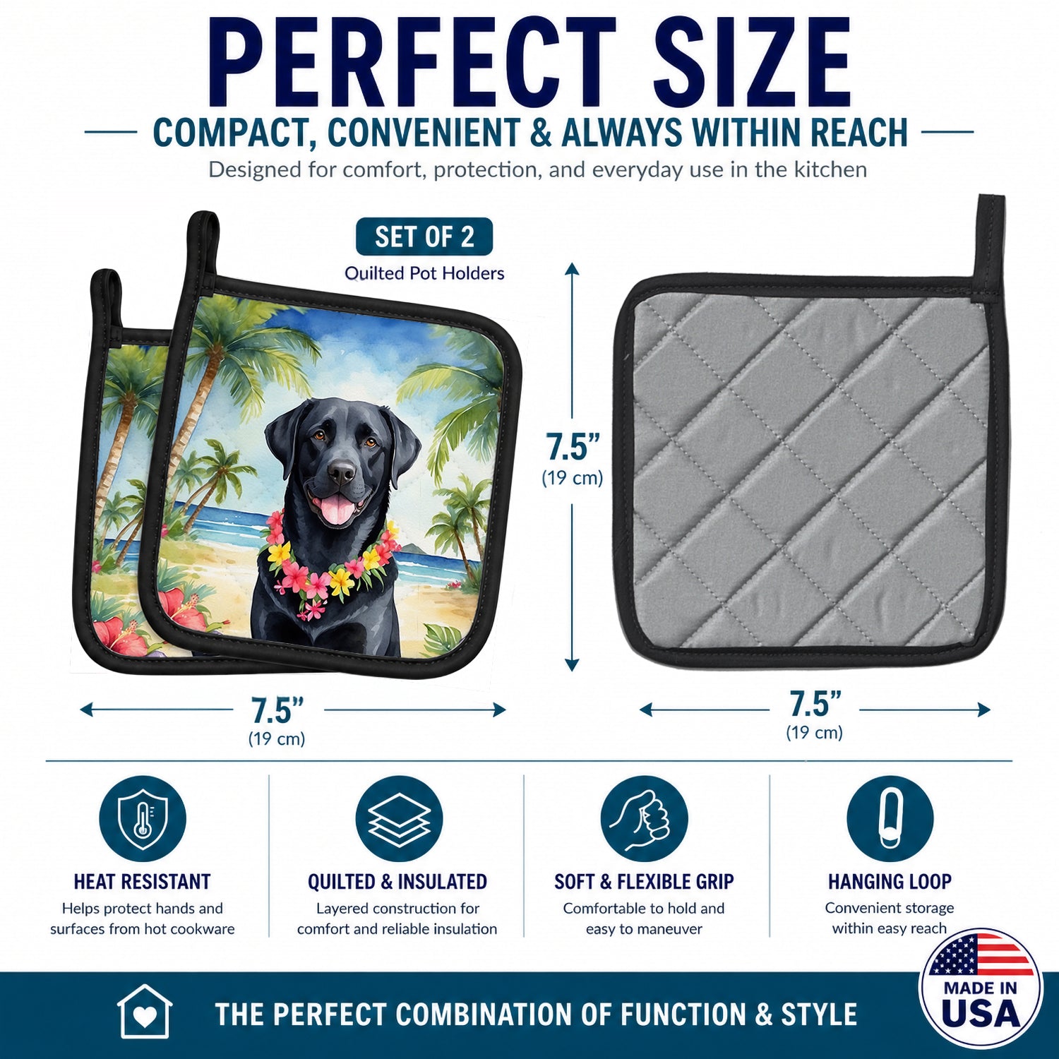Black Labrador Retriever Luau Pot Holder Set of 2 Heat Resistant Quilted Hot Pads 7.5 x 7.5 Inch, Insulated Kitchen Trivets for Cooking & Baking