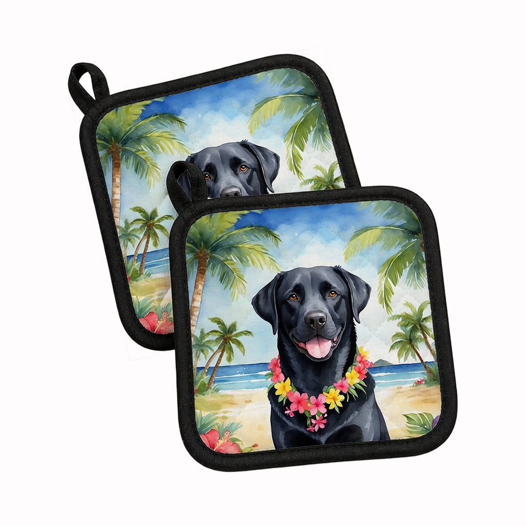 Black Labrador Retriever Luau Pot Holder Set of 2 Heat Resistant Quilted Hot Pads 7.5 x 7.5 Inch, Insulated Kitchen Trivets for Cooking & Baking