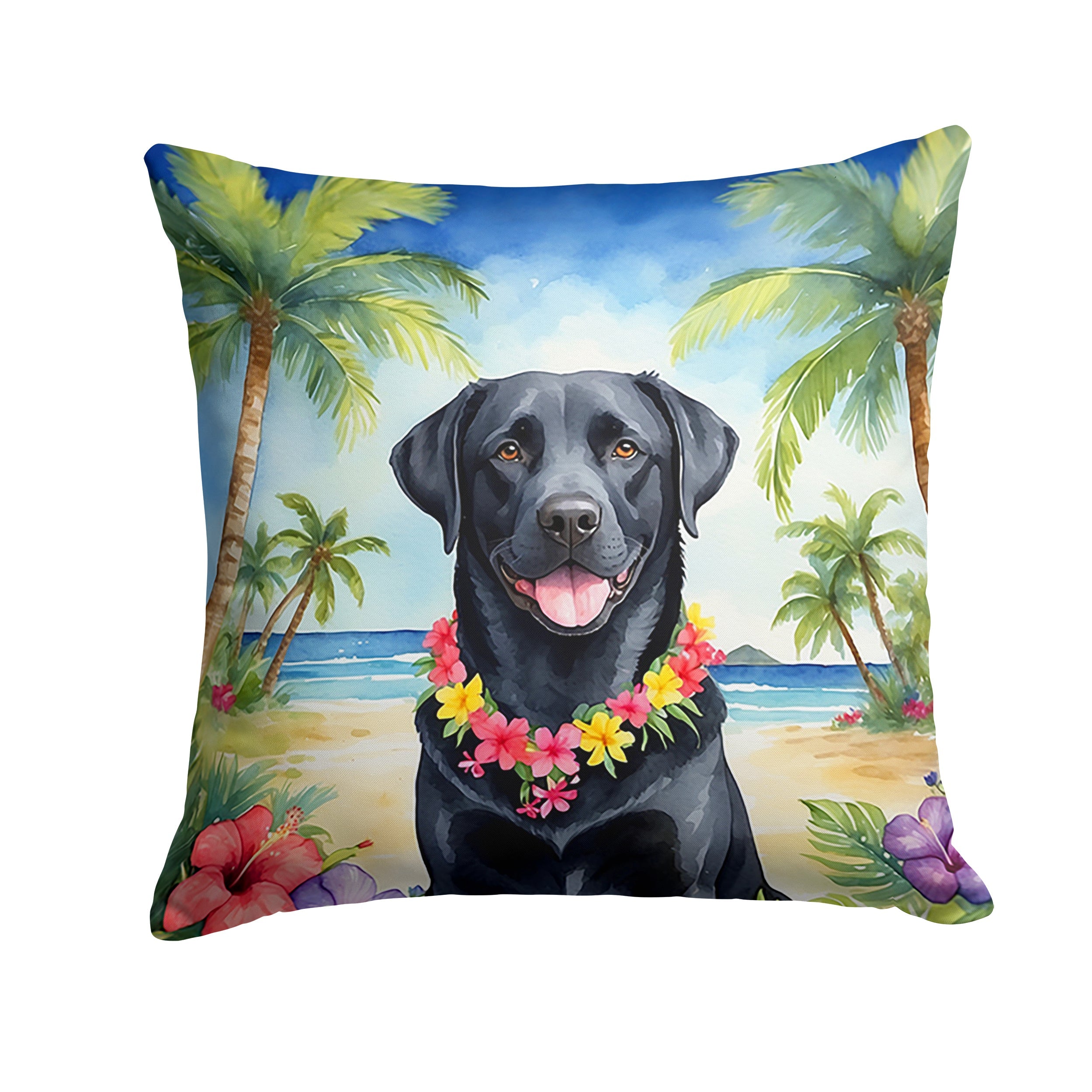 Black Labrador Retriever Luau Decorative Throw Pillow 14x14 Indoor Outdoor Accent Cushion, Fabric Cover with Insert for Sofa, Bed, Porch & Living Room