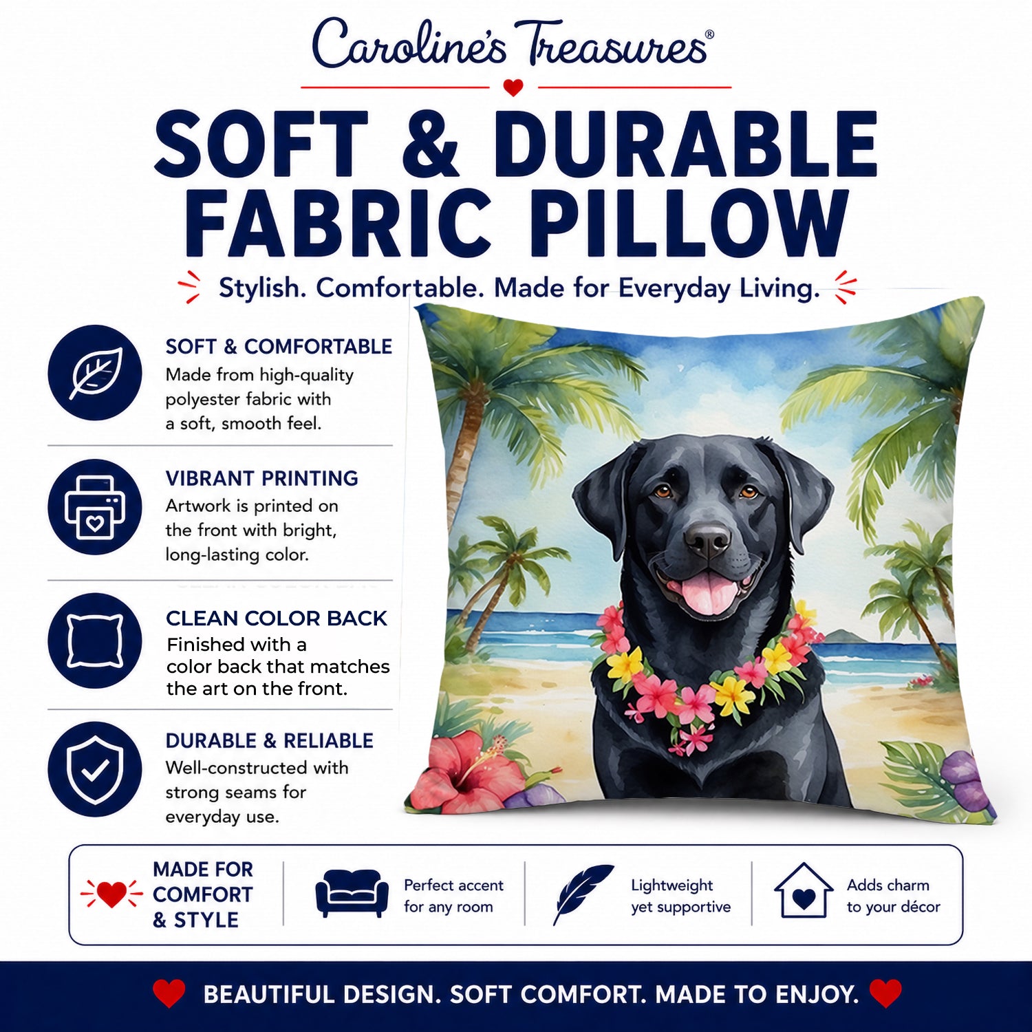 Black Labrador Retriever Luau Decorative Throw Pillow 14x14 Indoor Outdoor Accent Cushion, Fabric Cover with Insert for Sofa, Bed, Porch & Living Room