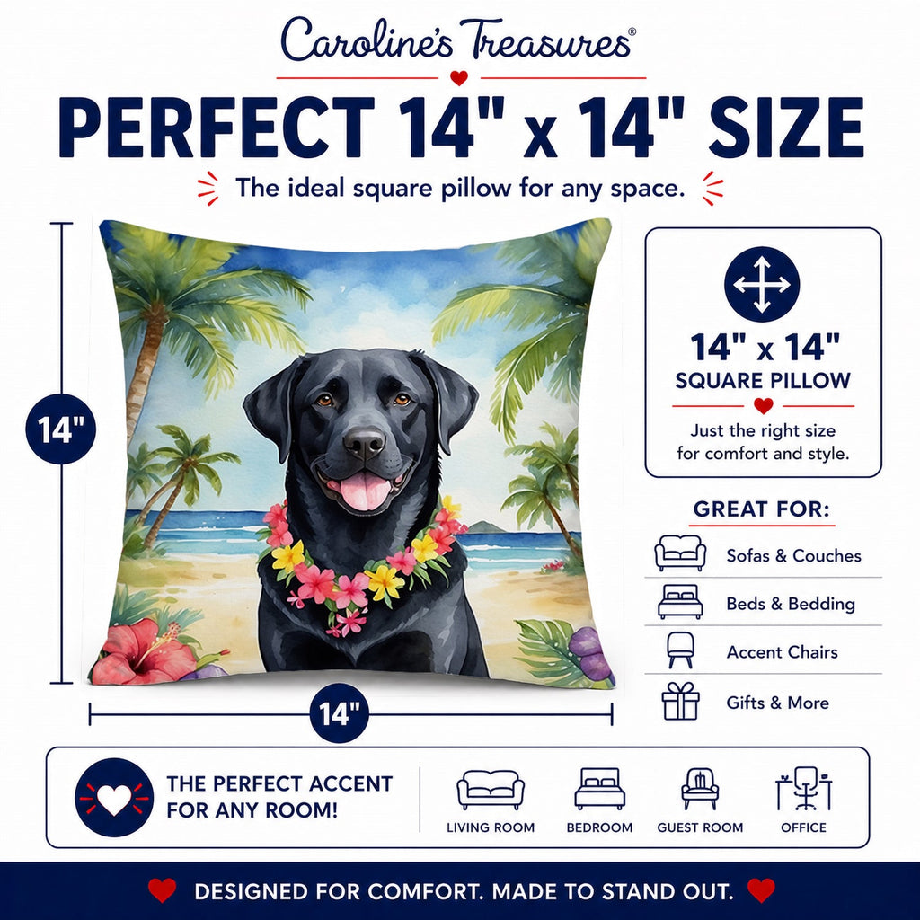 Black Labrador Retriever Luau Decorative Throw Pillow 14x14 Indoor Outdoor Accent Cushion, Fabric Cover with Insert for Sofa, Bed, Porch & Living Room