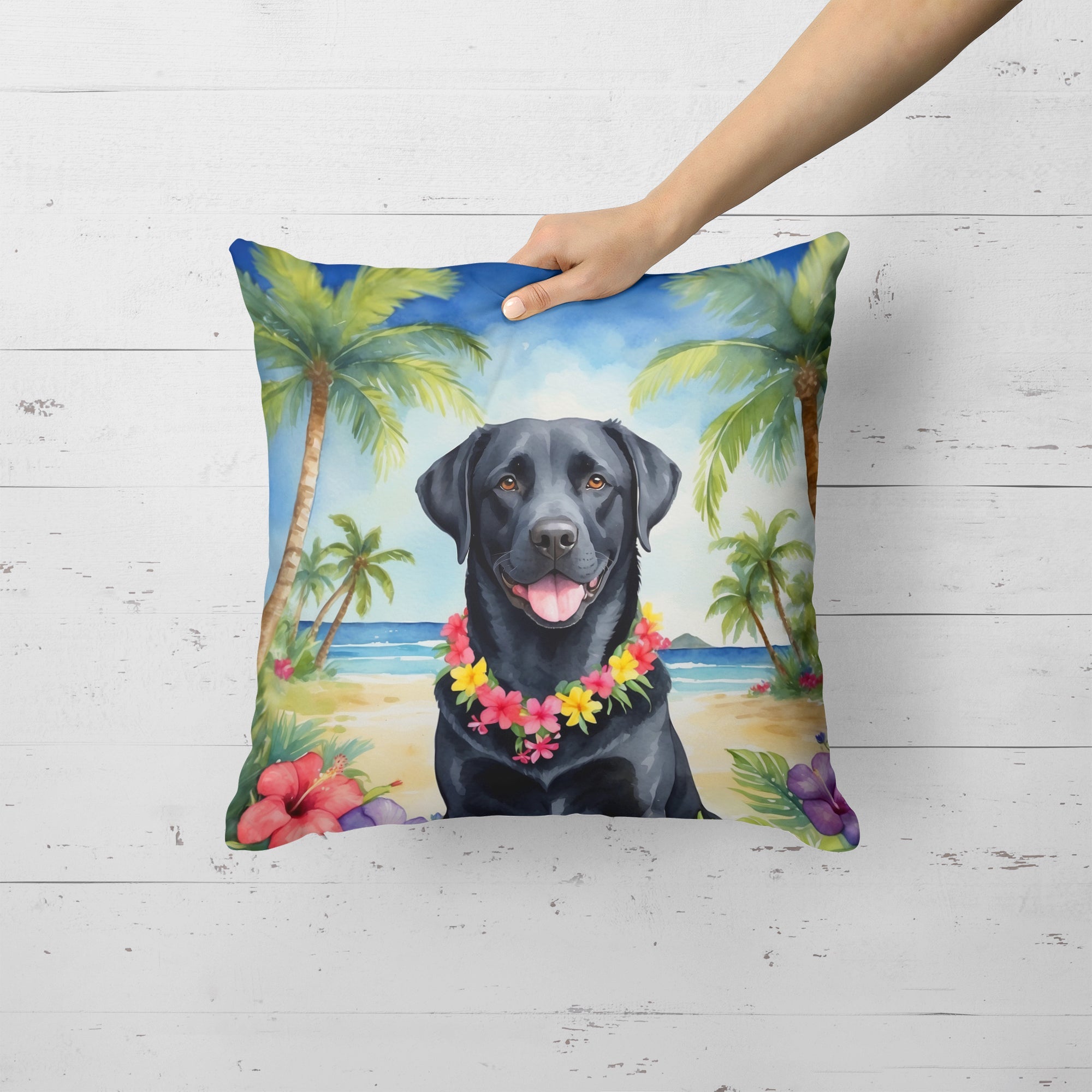 Black Labrador Retriever Luau Decorative Throw Pillow 18x18 Indoor Outdoor Accent Cushion, Fabric Cover with Insert for Sofa, Bed, Porch & Living Room