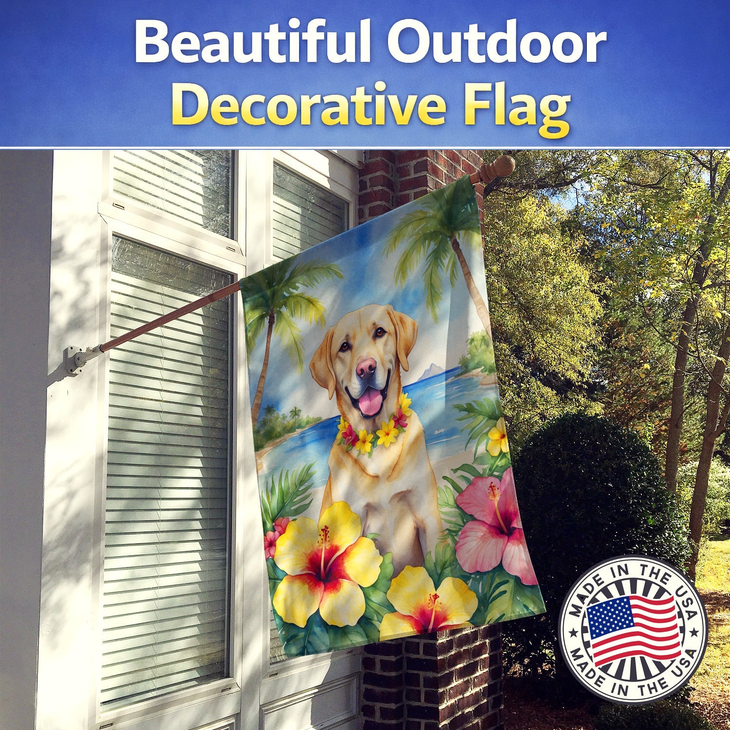 Yellow Labrador Retriever Luau House Flag 28x40 Porch Sleeve Pole Decorative Outside Yard Banner Artwork Wall Hanging, Polyester