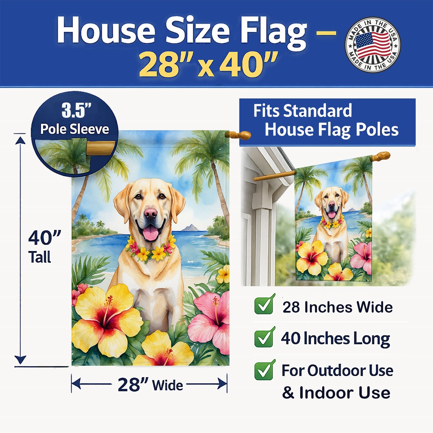 Yellow Labrador Retriever Luau House Flag 28x40 Porch Sleeve Pole Decorative Outside Yard Banner Artwork Wall Hanging, Polyester